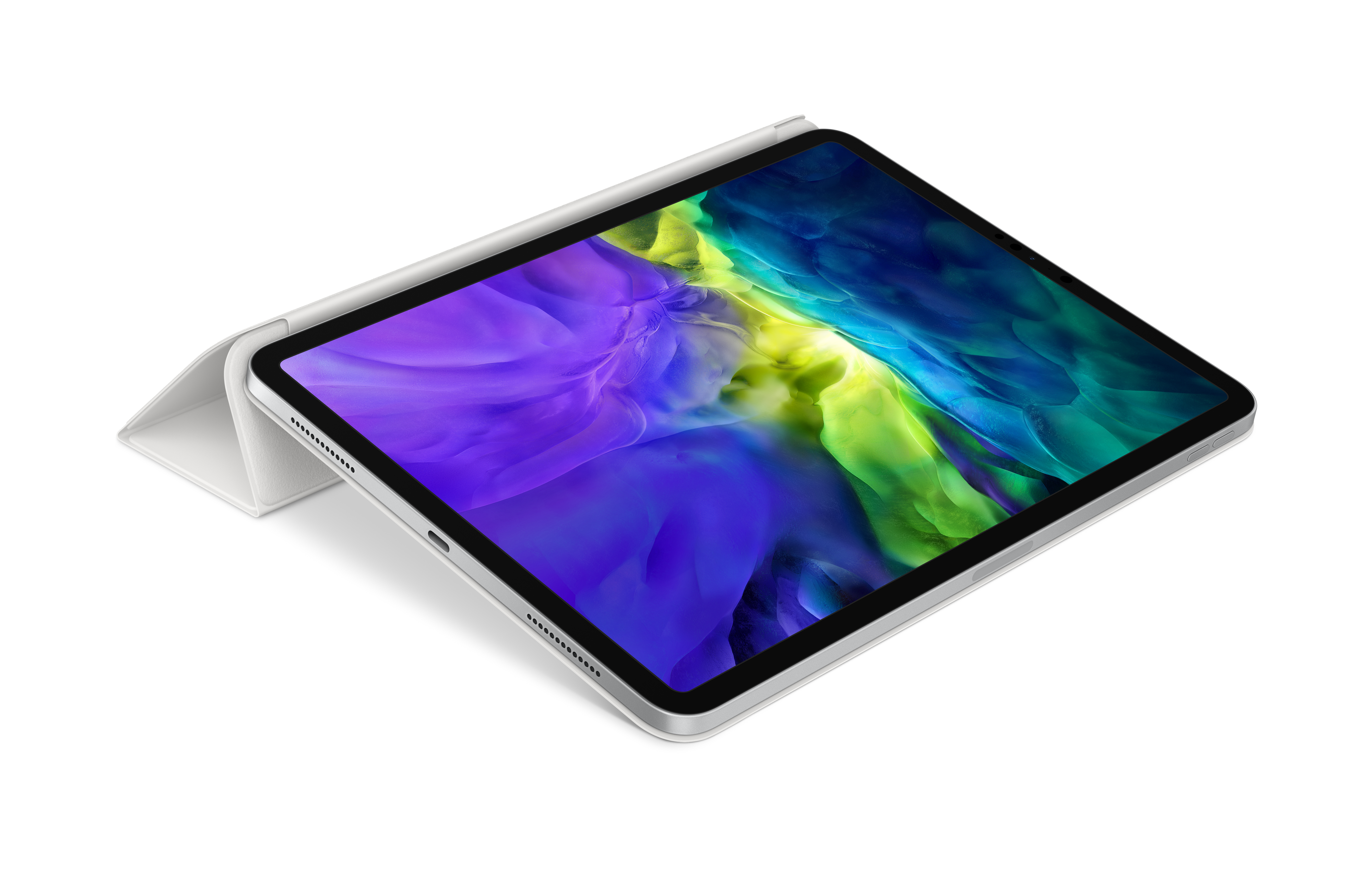 Un iPad con una cubierta blanca sobre una superficie blanca.