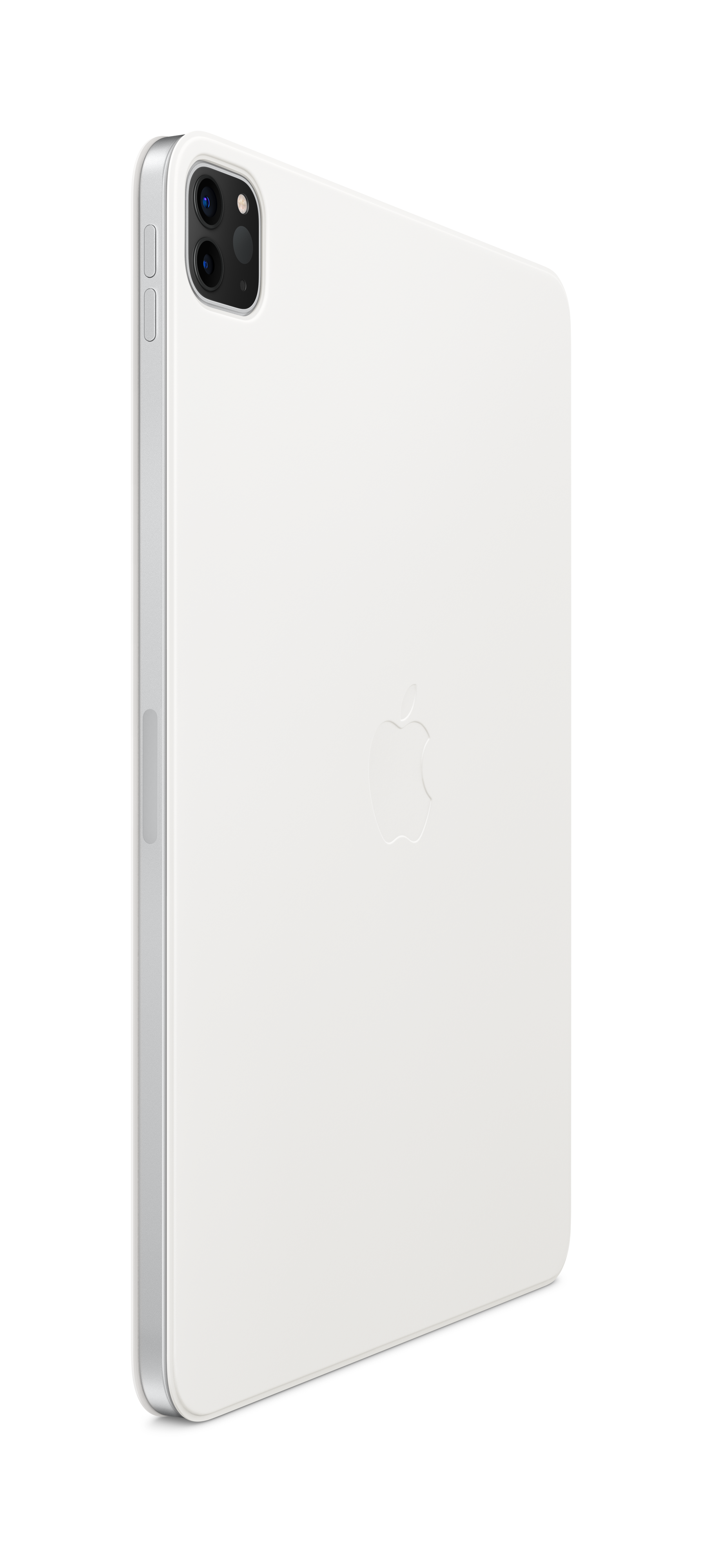 iPad Pro blanco de Apple. Vista trasera con logo y cámara. Bordes plateados.