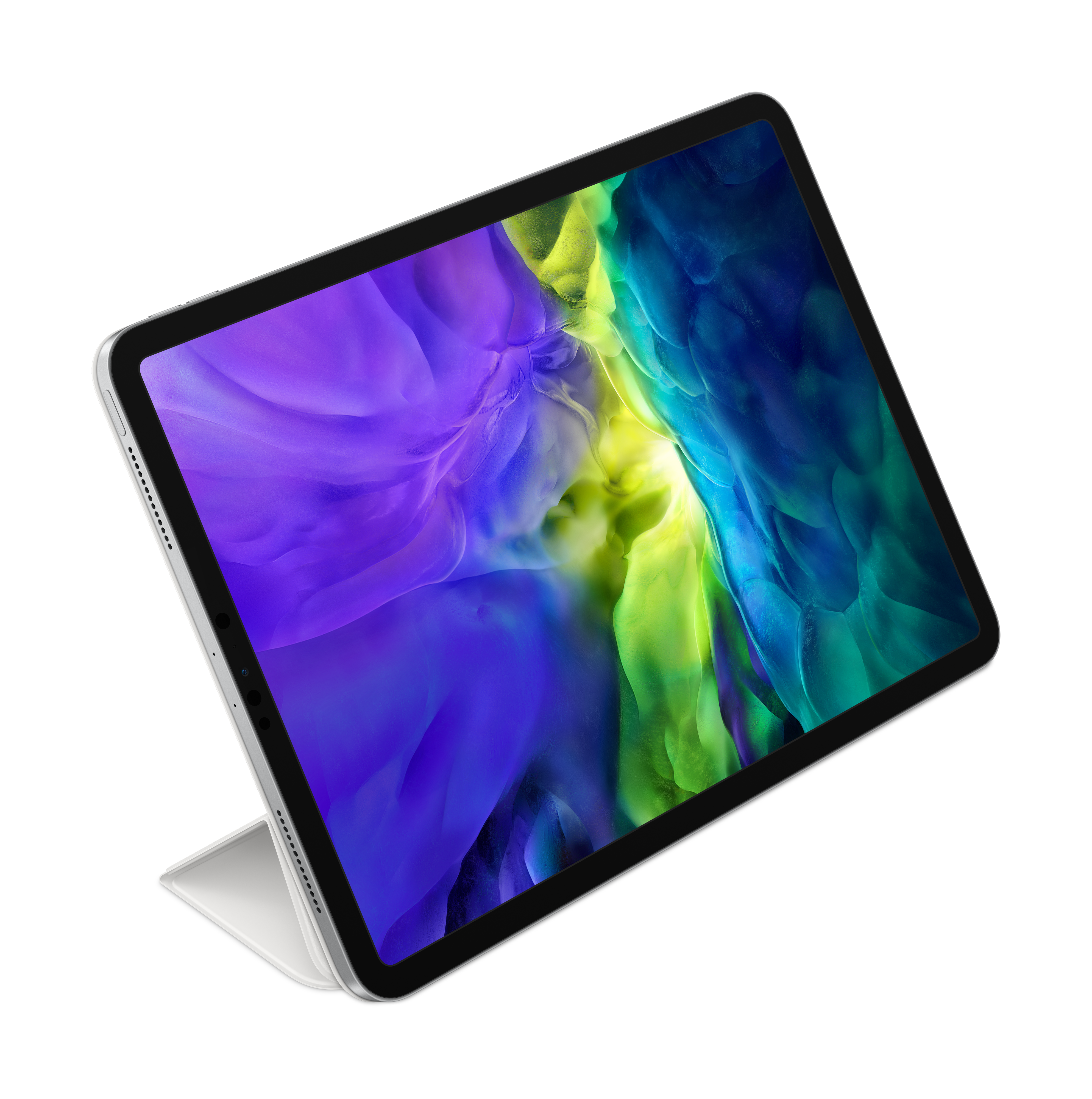 Un iPad Pro con funda, en ángulo. La pantalla muestra una imagen abstracta colorida, contra blanco.