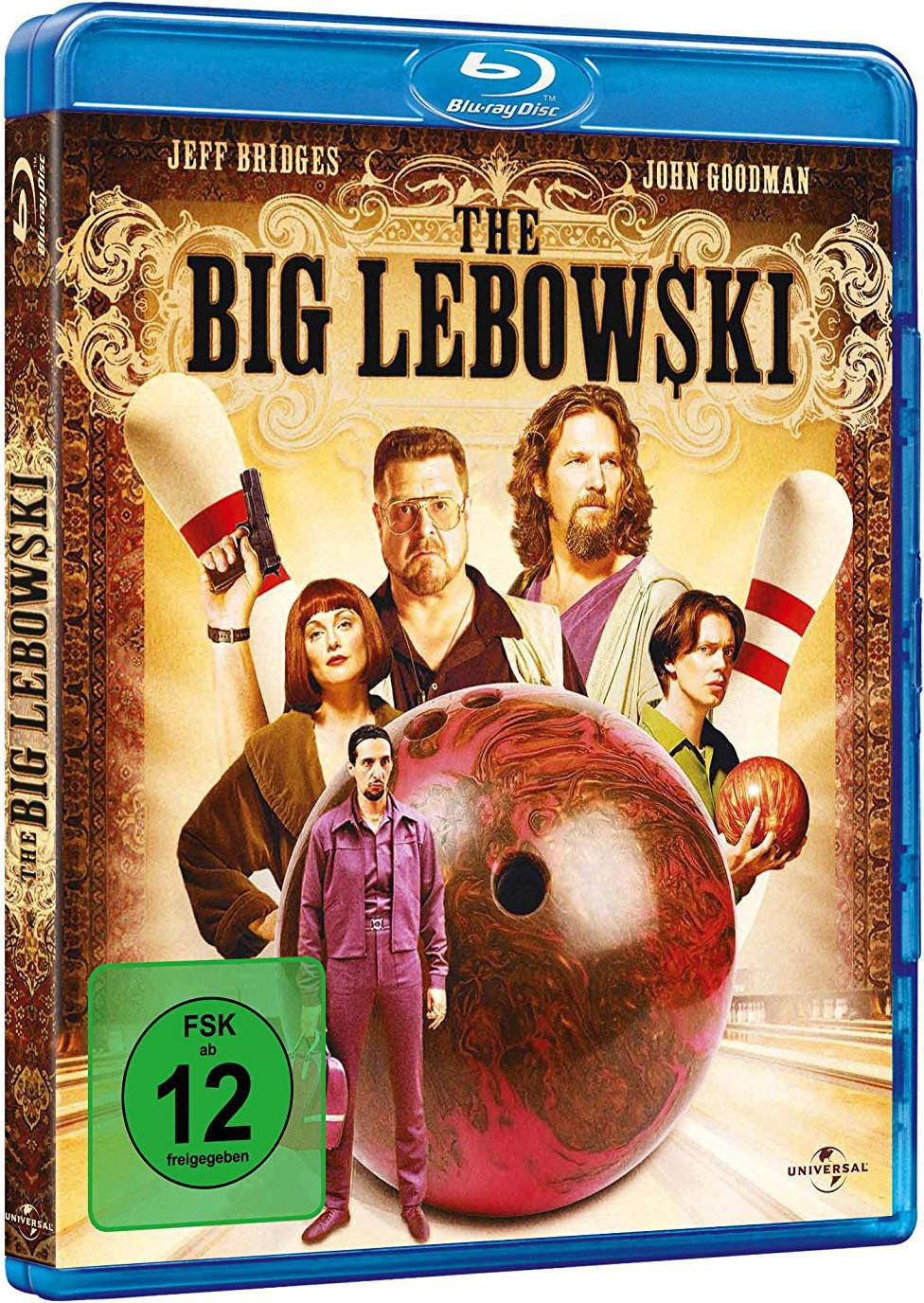Blu-ray-Cover von „The Big Lebowski“ mit Schauspielern und Bowlingkegeln.