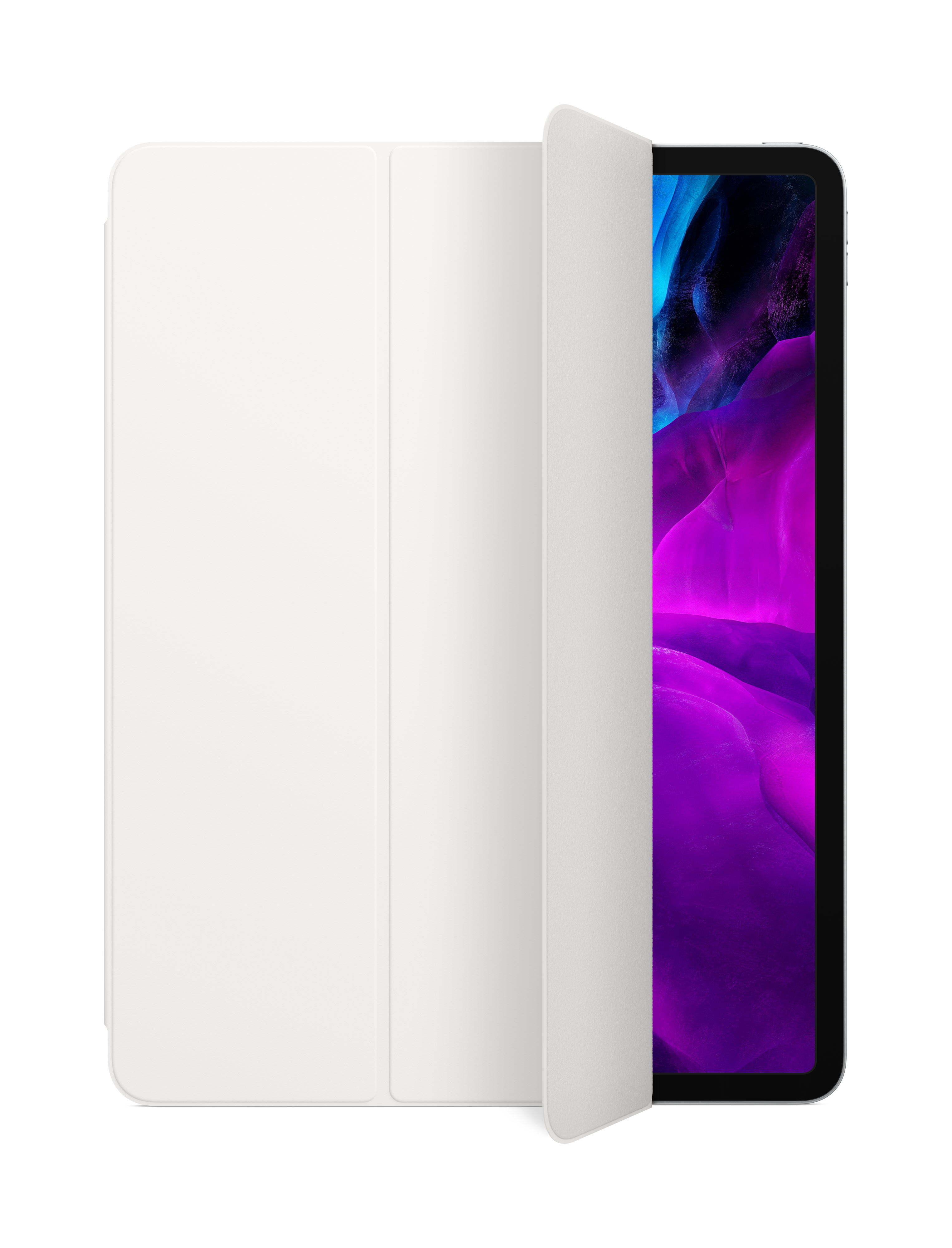 Funda inteligente para iPad blanca, parcialmente abierta, que revela la pantalla con colores morados y azules.