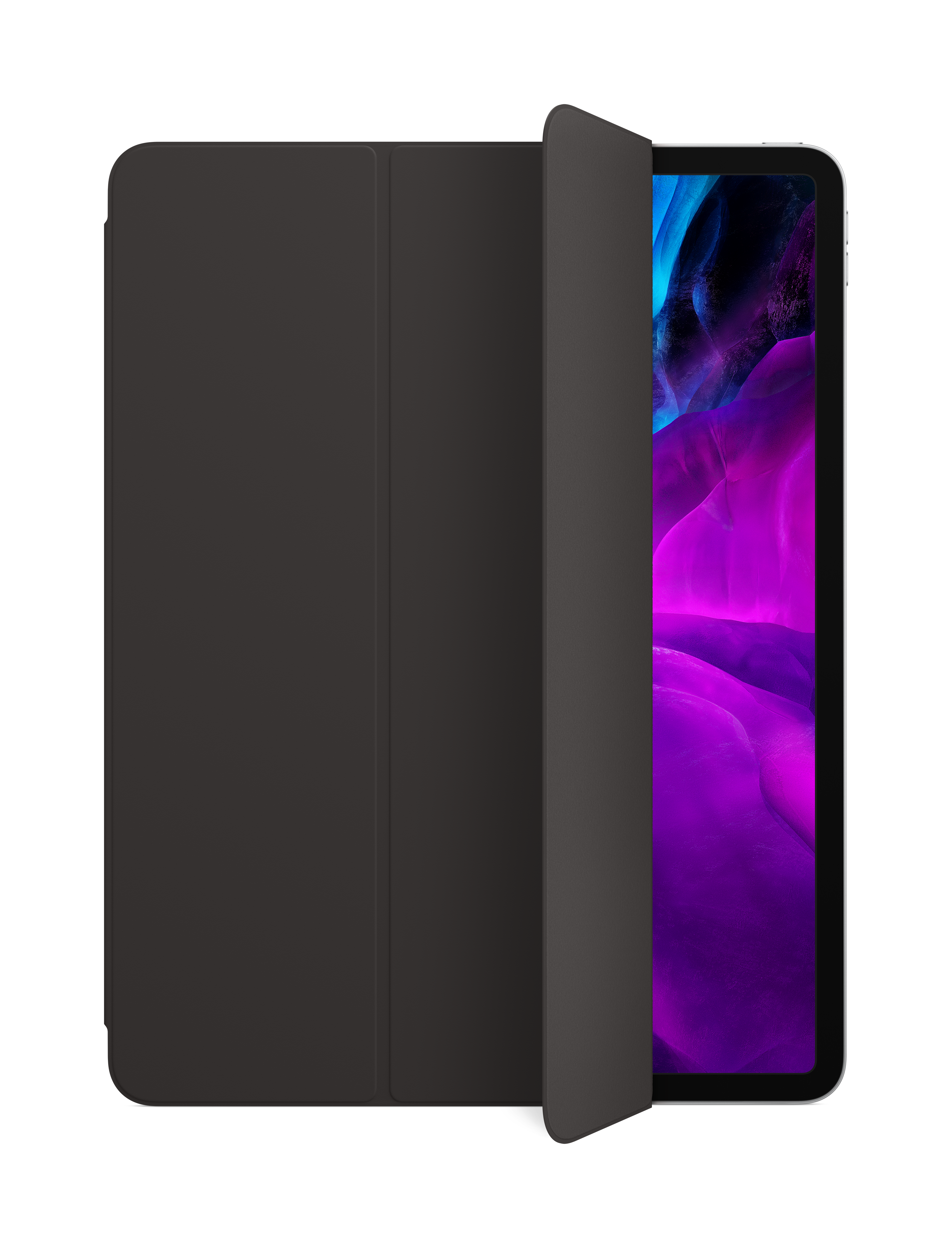 Funda negra de iPad, parcialmente abierta, revelando la pantalla con un fondo morado y azul.