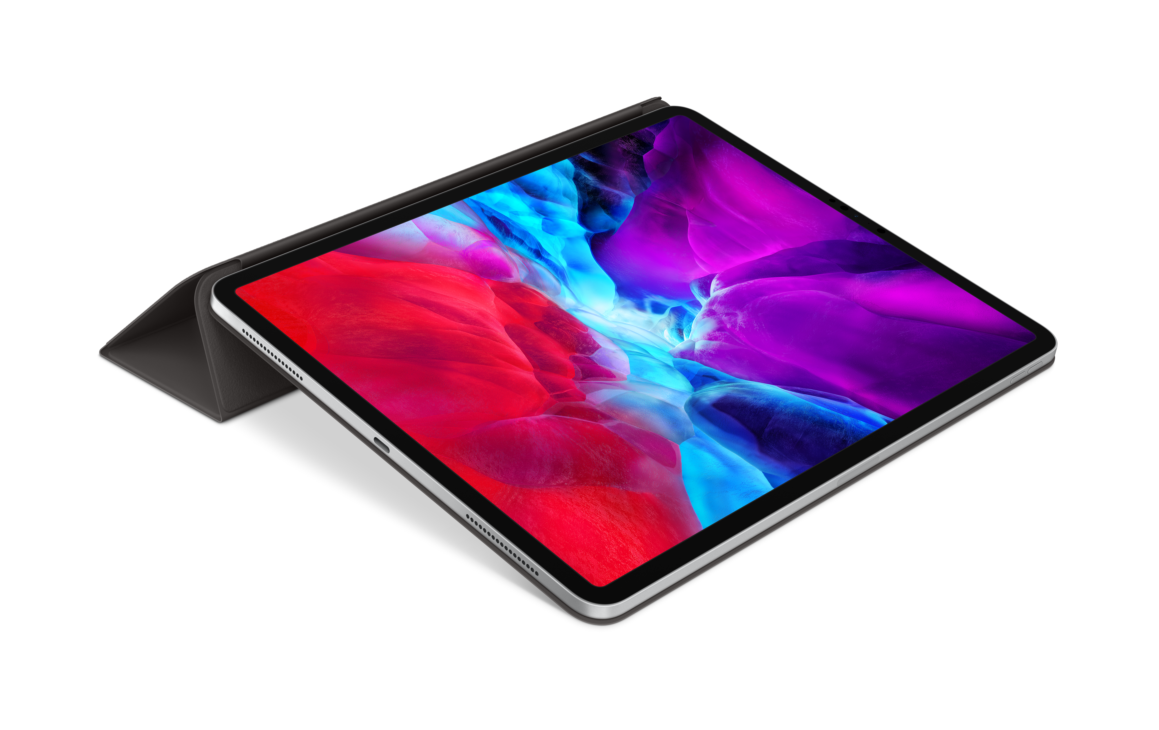 iPad Pro con funda negra adjunta. Pantalla muestra imagen digital abstracta y colorida.