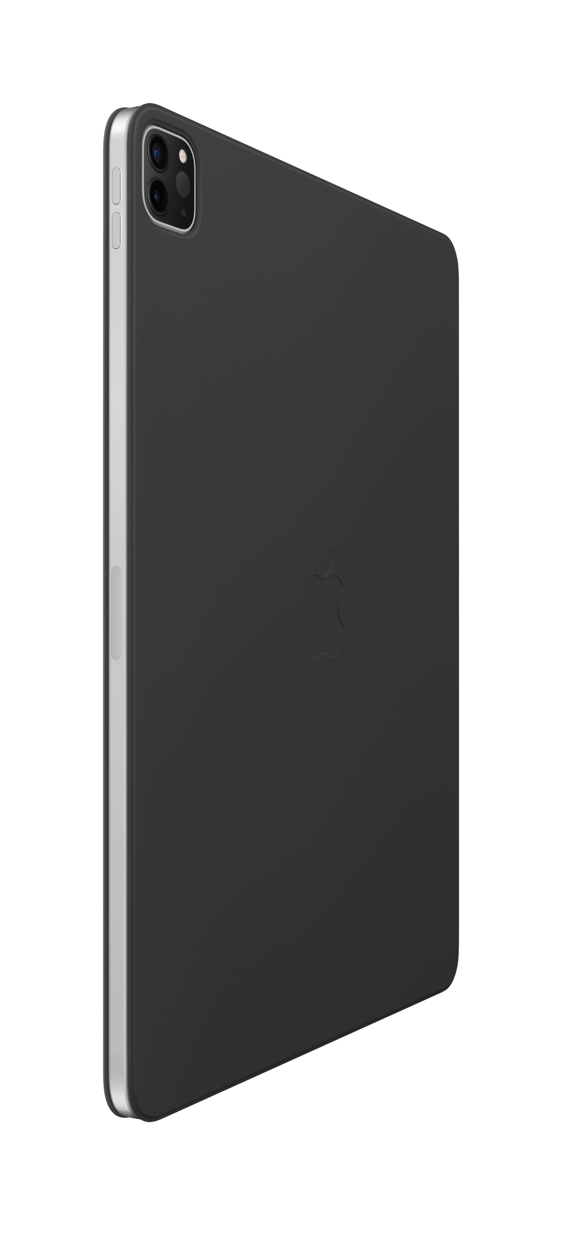iPad negro con el logotipo de Apple en la parte trasera. Bordes plateados. Vista en ángulo.