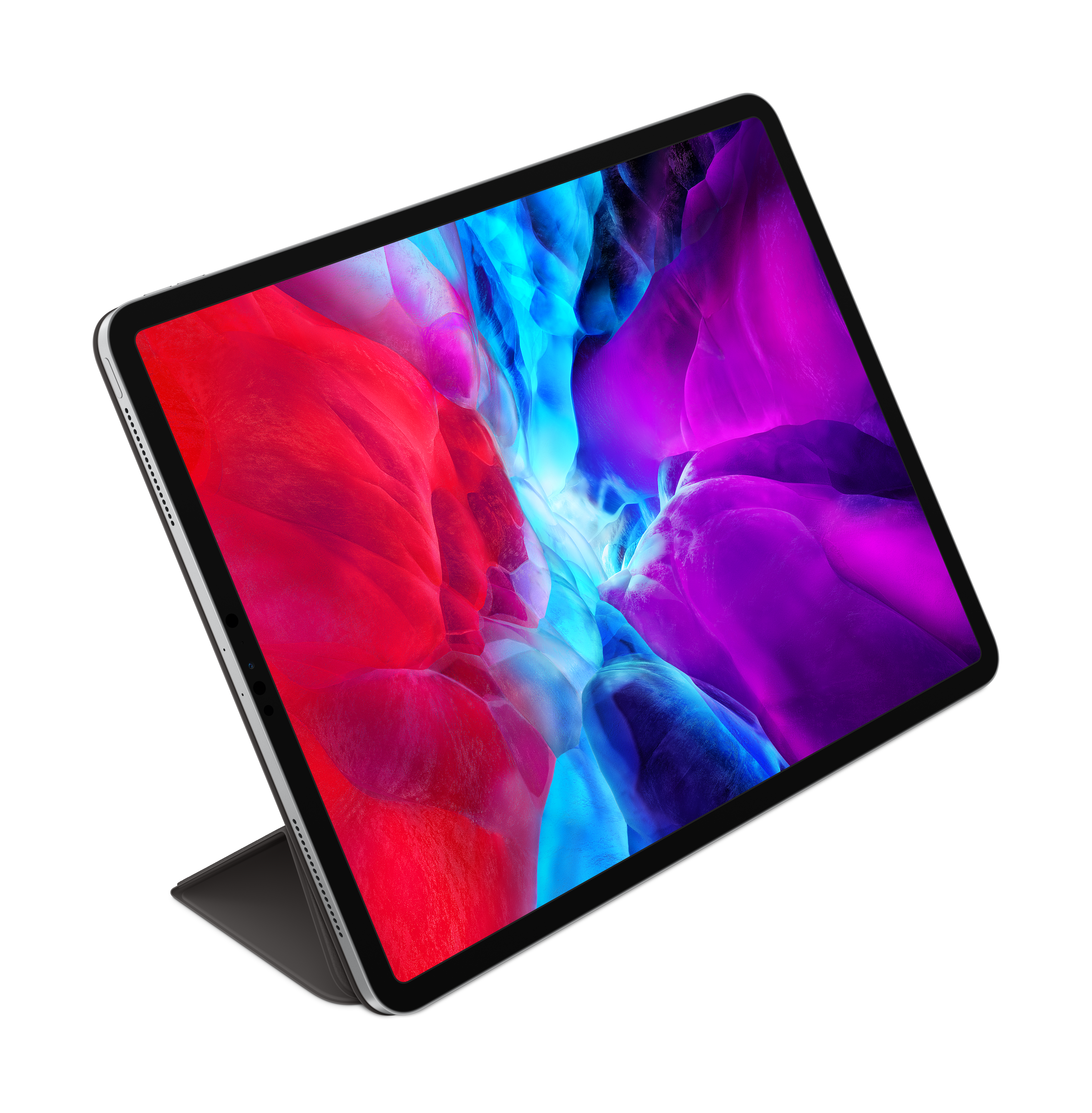 Un iPad Pro de Apple con un fondo abstracto colorido en la pantalla, en ángulo sobre un fondo blanco.