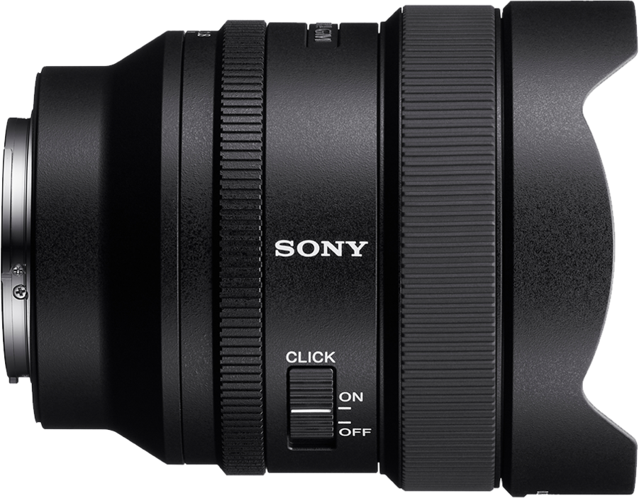 Gros plan d'un objectif Sony noir. Il dispose d'un interrupteur pour 'Click' et 'On/Off'. L'objectif est cylindrique avec des rainures.