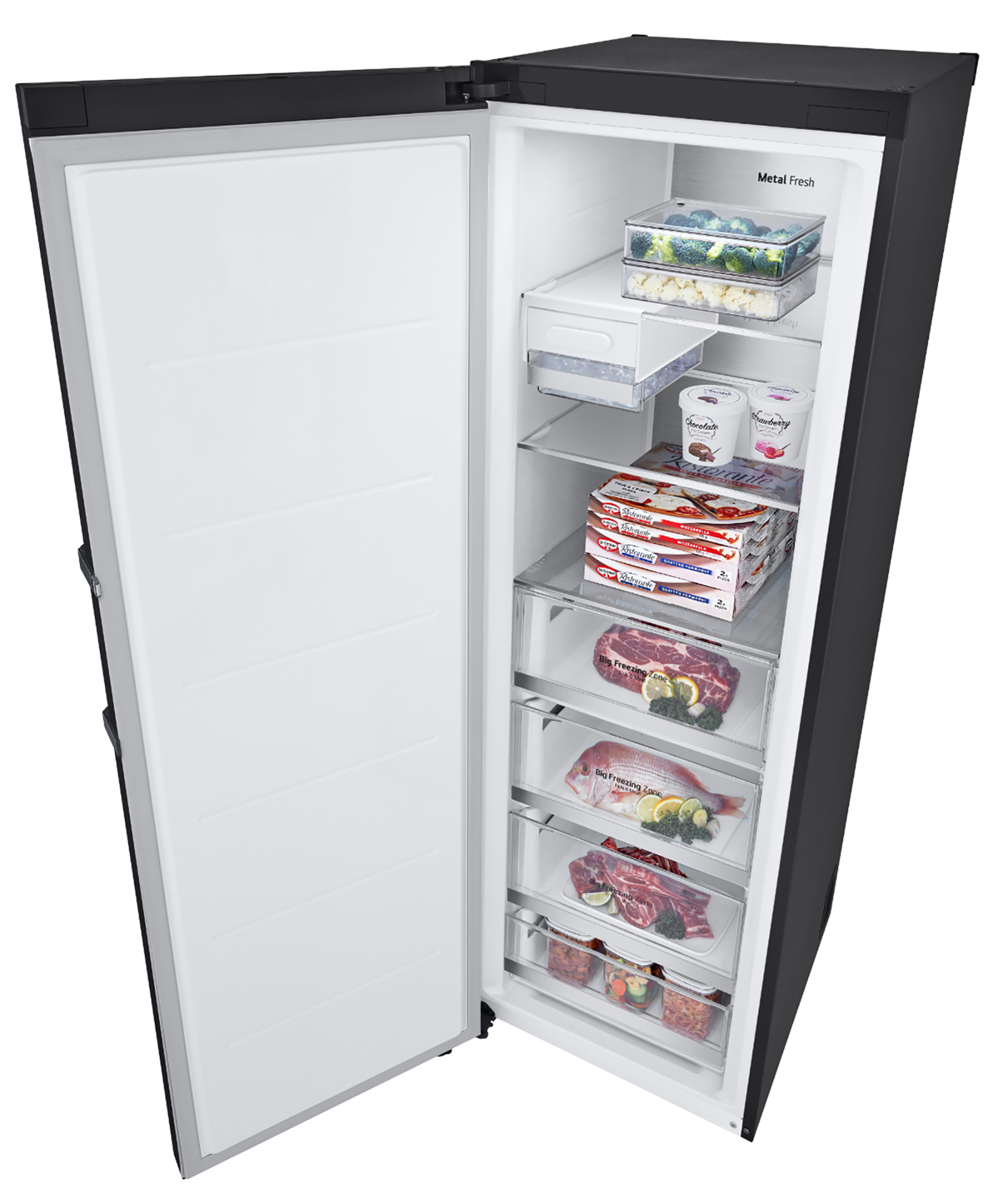 Opened black refrigerator. Inside are shelves with food and frozen items.