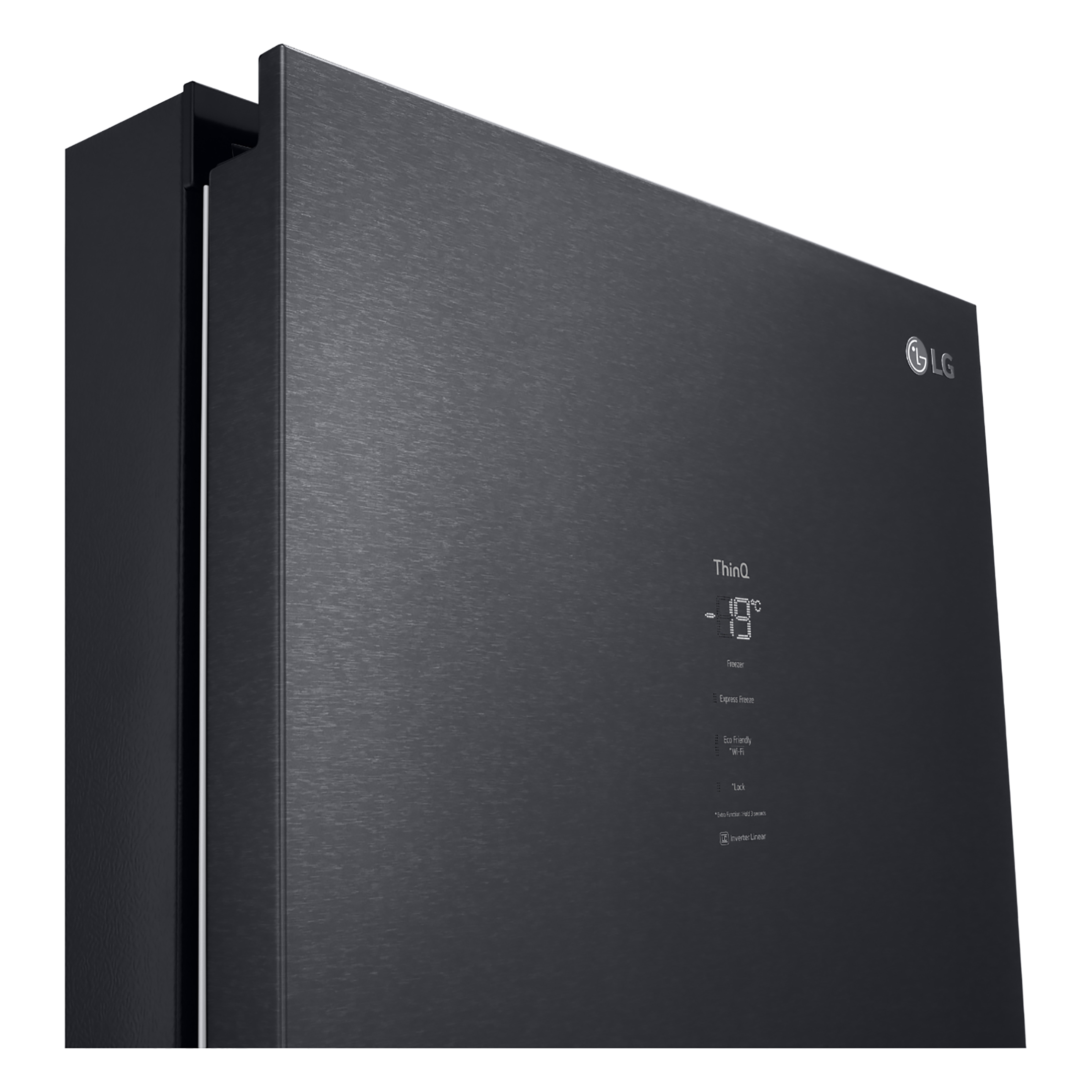 A close-up view of a black LG refrigerator door, with the Thin Q logo visible.