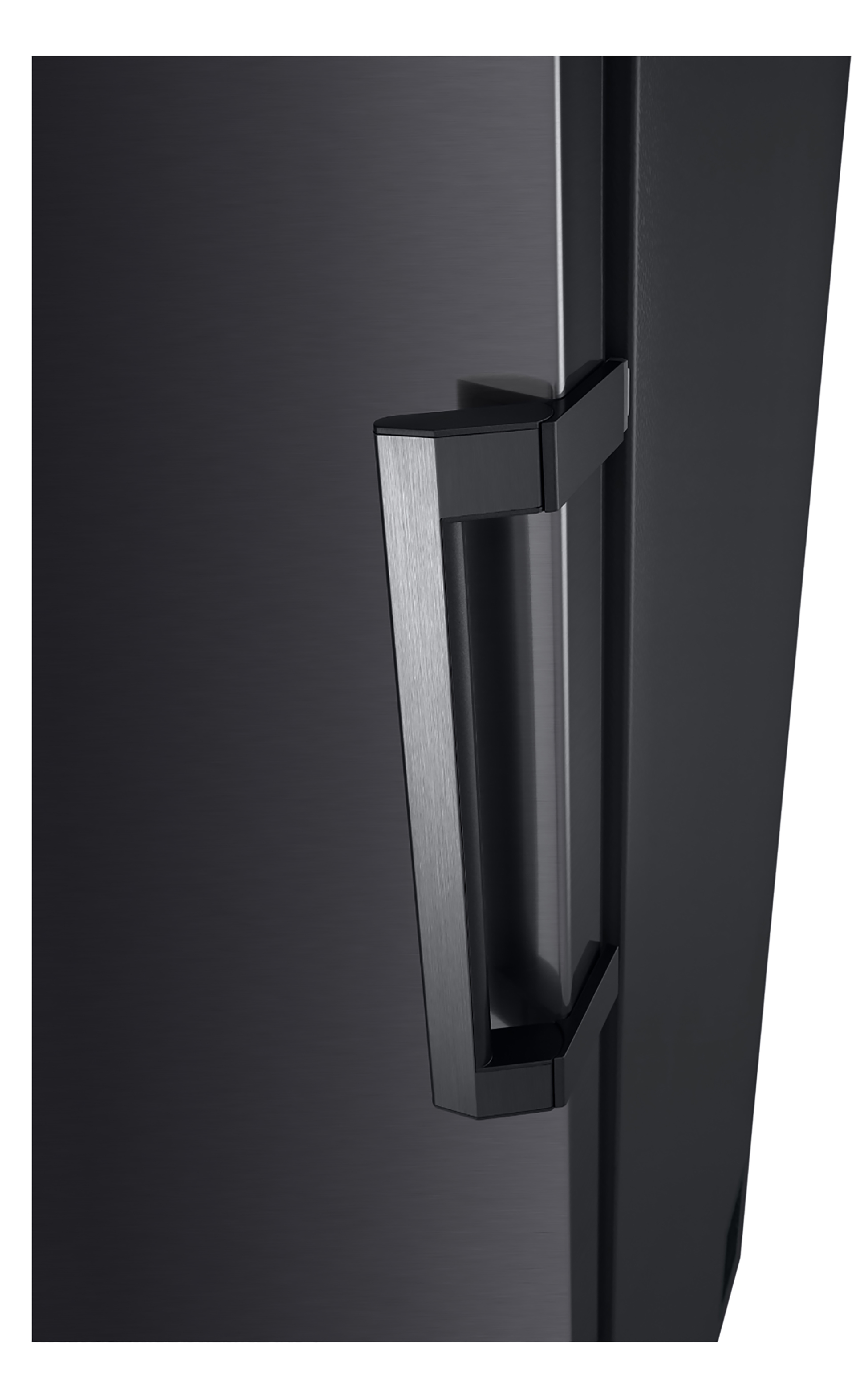 Close-up of a black refrigerator door handle. Black background.