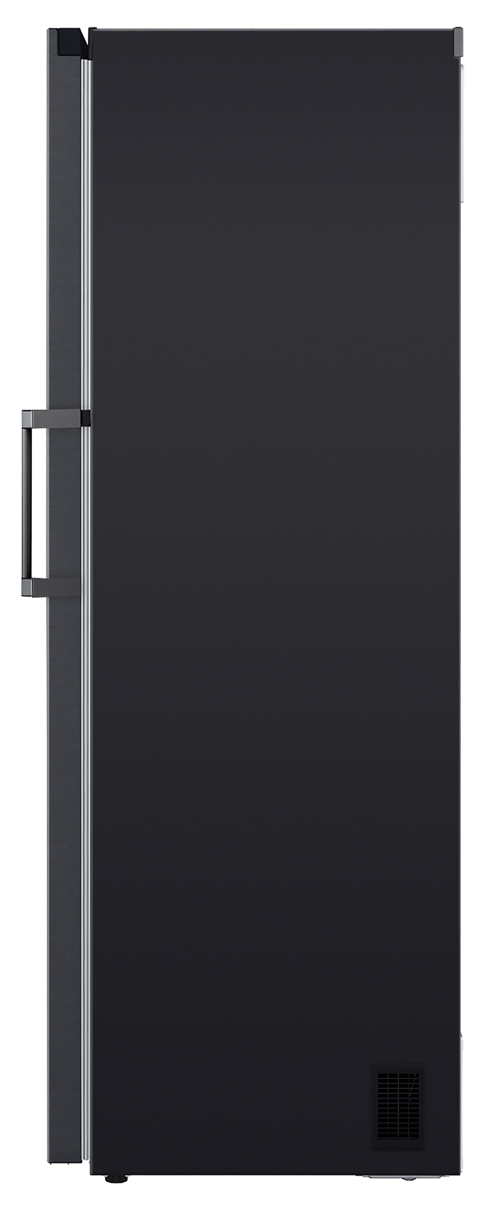 A black refrigerator side view with a handle.