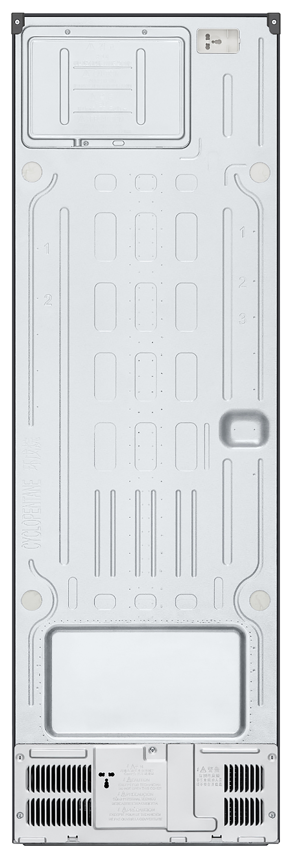 Back panel of a refrigerator, showing various compartments, vents, and technical details.
