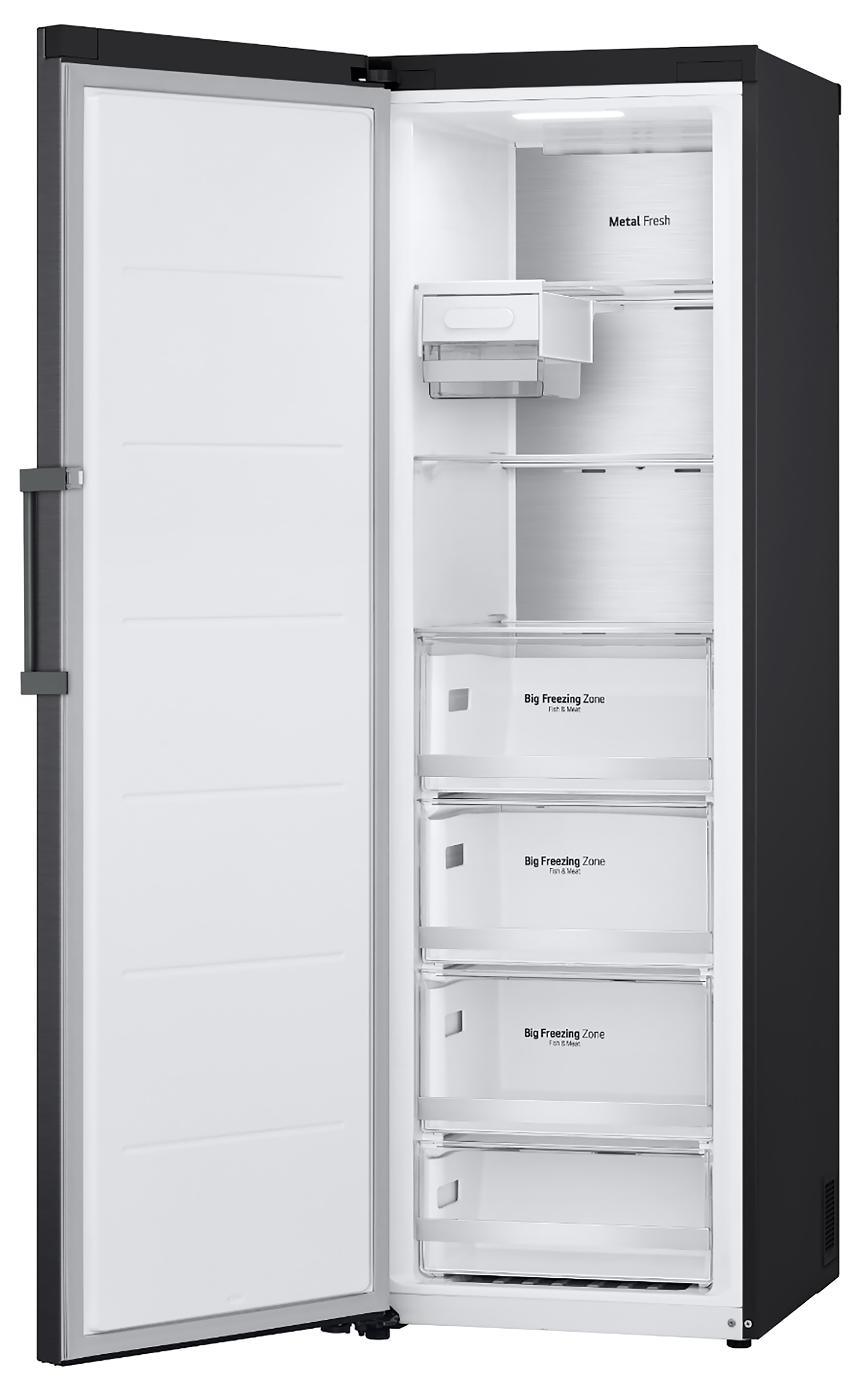 Black LG freezer with open door. Shelves and drawers inside. LED light at the top.