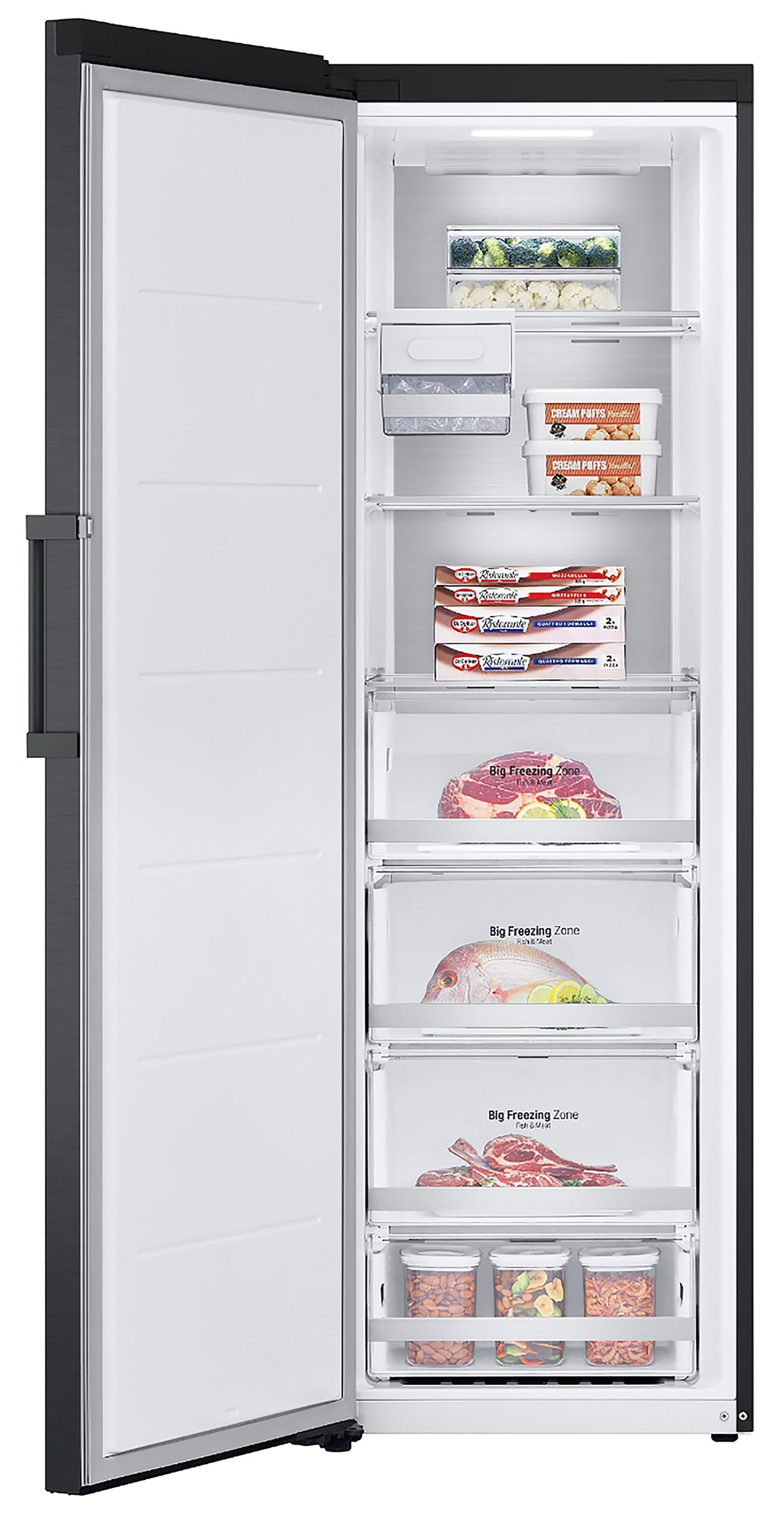 A black refrigerator with the door open. Inside, there are shelves with food items. White interior.