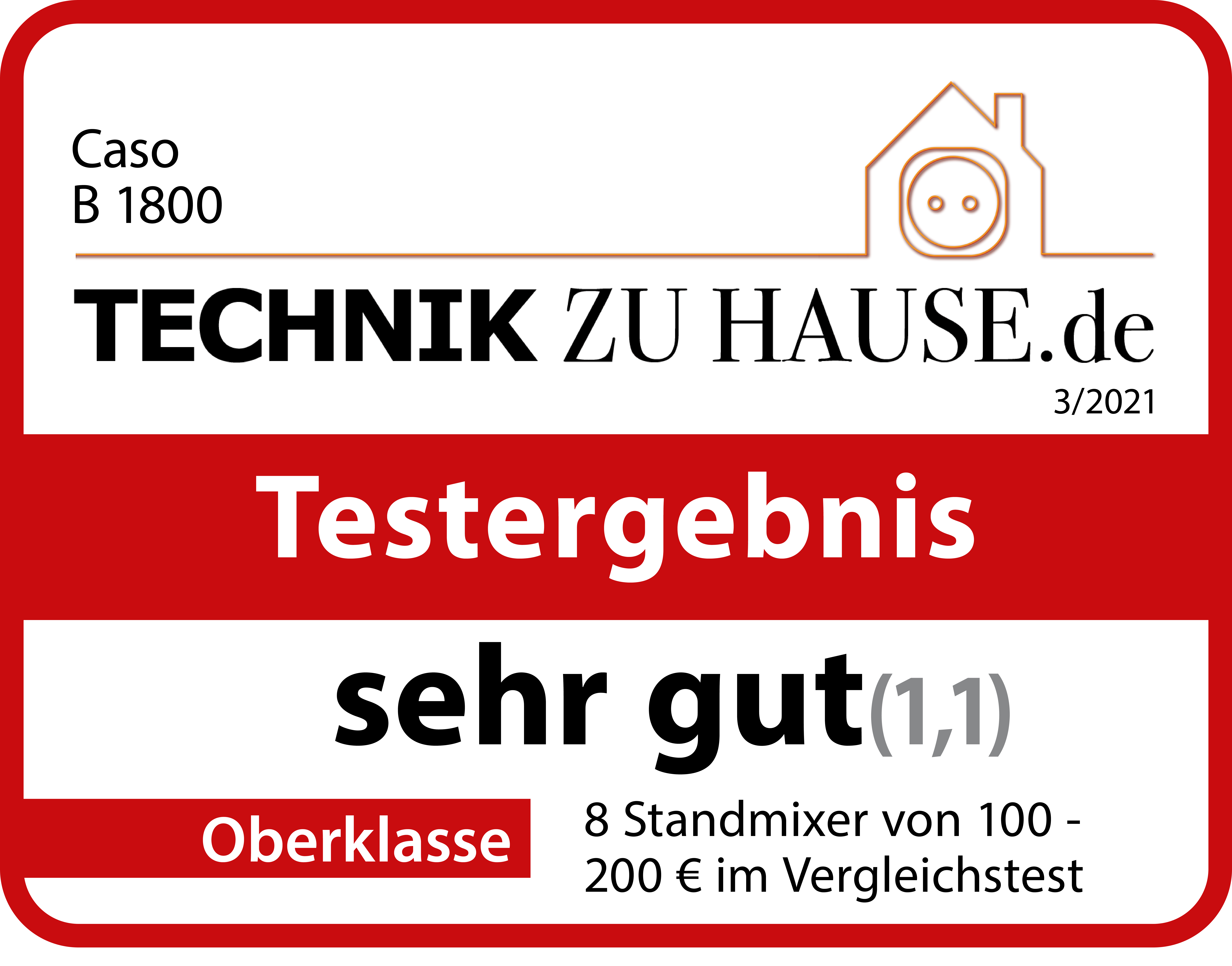 Rotes und weißes Produkttestetikett. Text auf Deutsch.