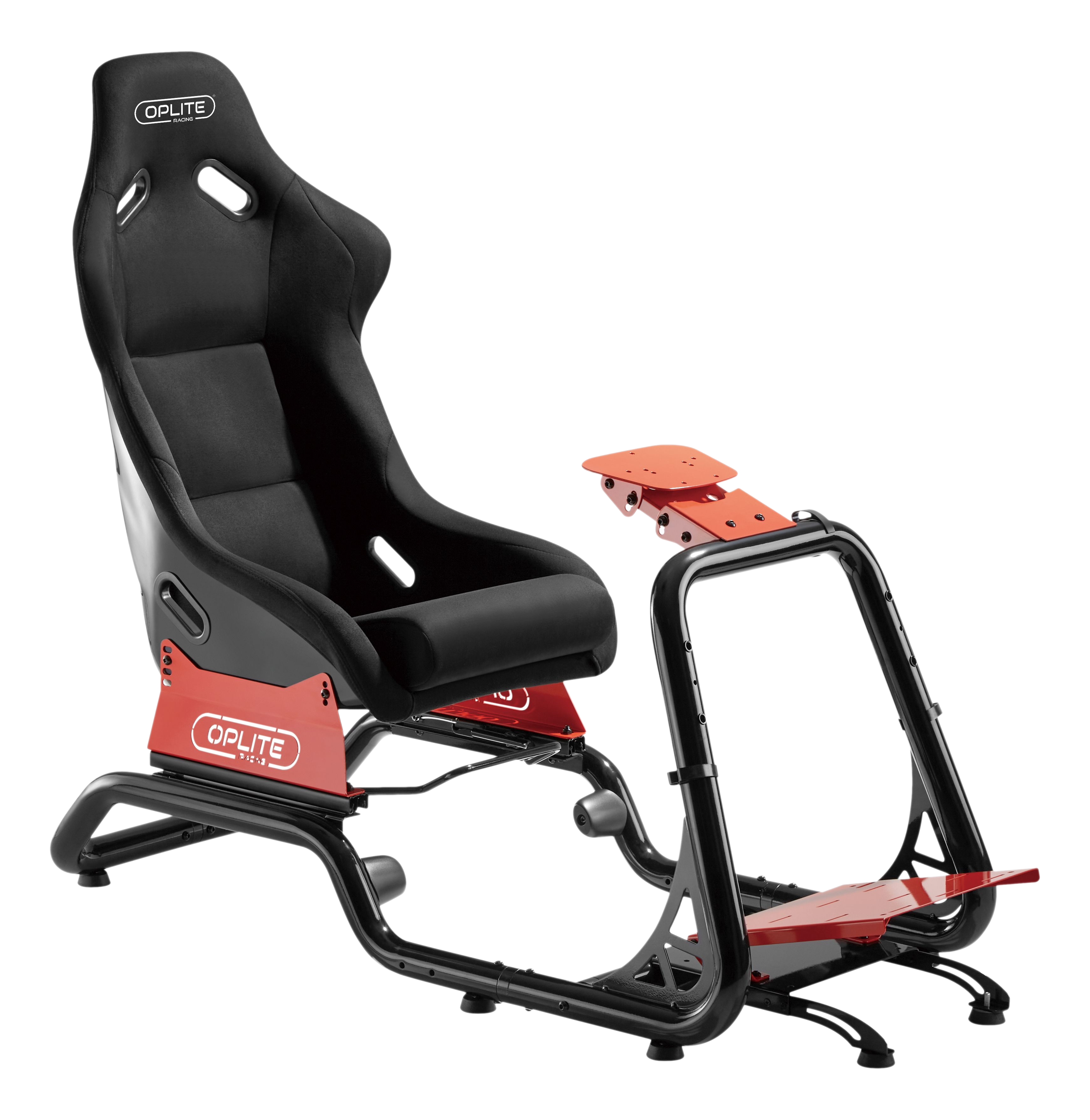 Rennsimulator-Sitz, schwarzer Sitz, roter Rahmen, mit Pedalen.