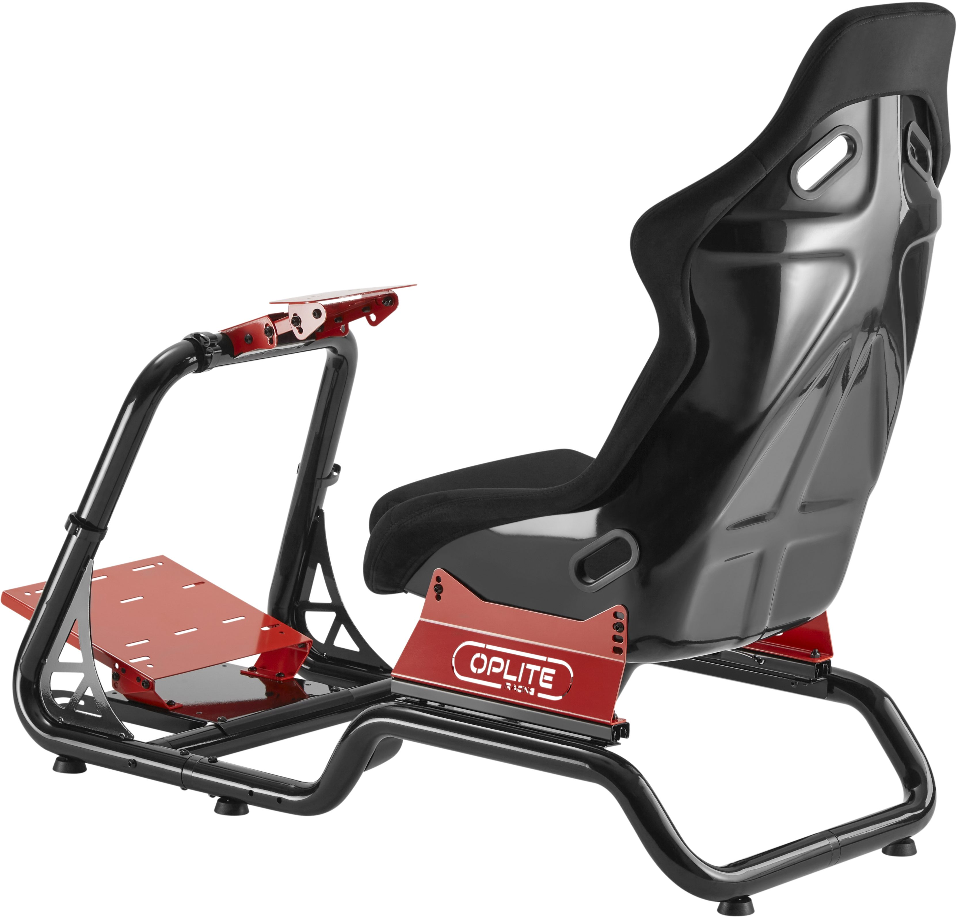 Schwarzer und roter OPLITE Rennsimulator-Sitz. Hat einen Sitz, eine Lenkradhalterung und eine Pedalerie. Weißer Hintergrund.
