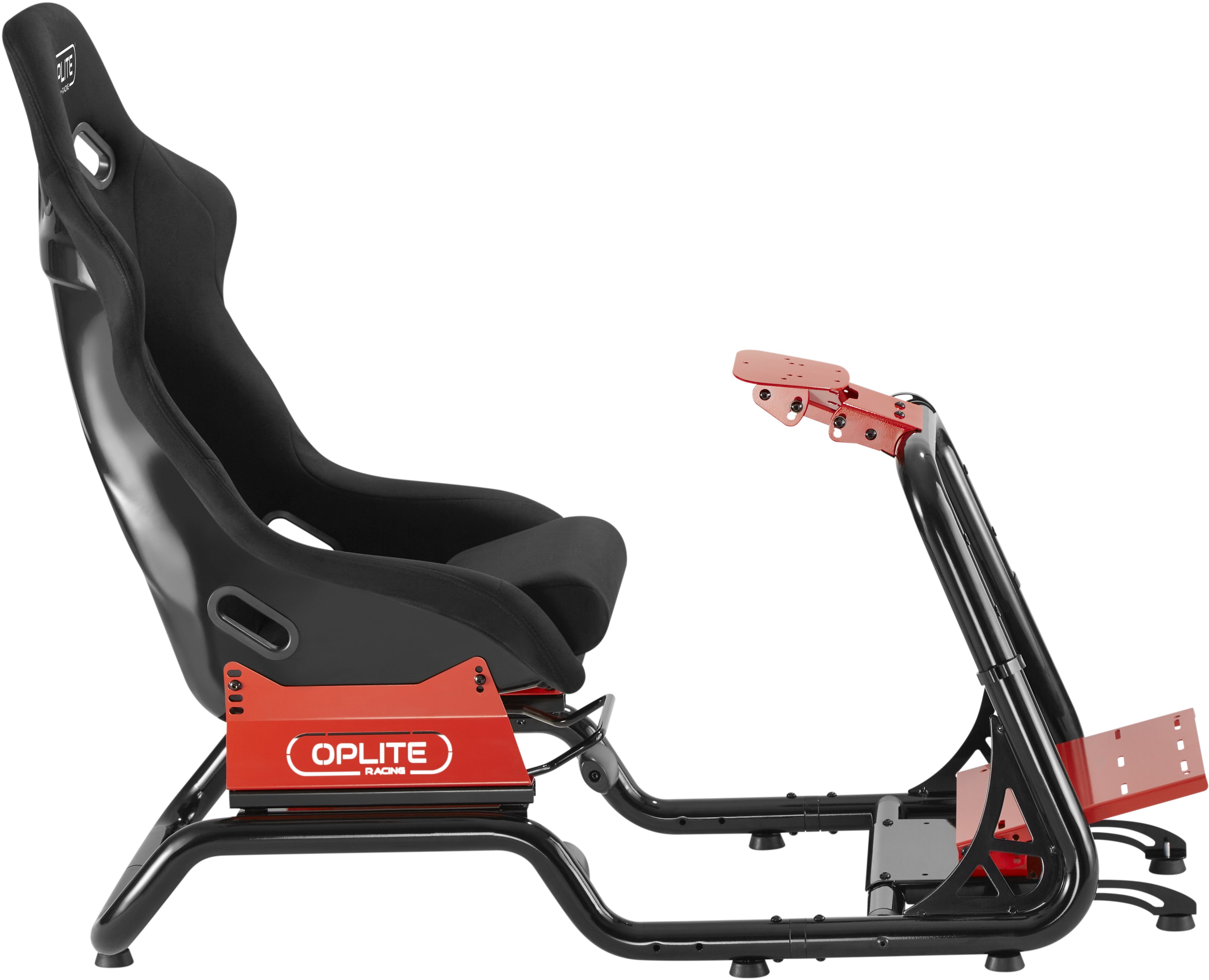 Rennsimulatorsitz, schwarz mit roter Basis und OPLITE Racing-Logo.