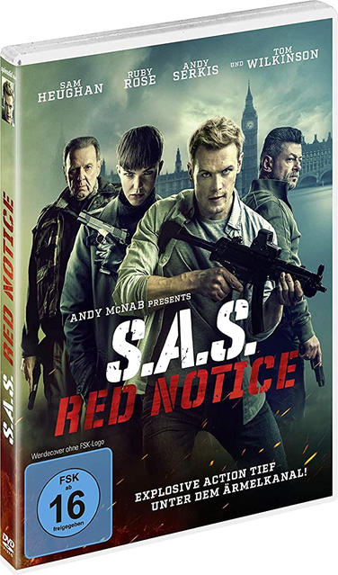 DVD-Cover von 'SAS: Red Notice' mit Schauspielern und einem Stadtbild im Hintergrund.
