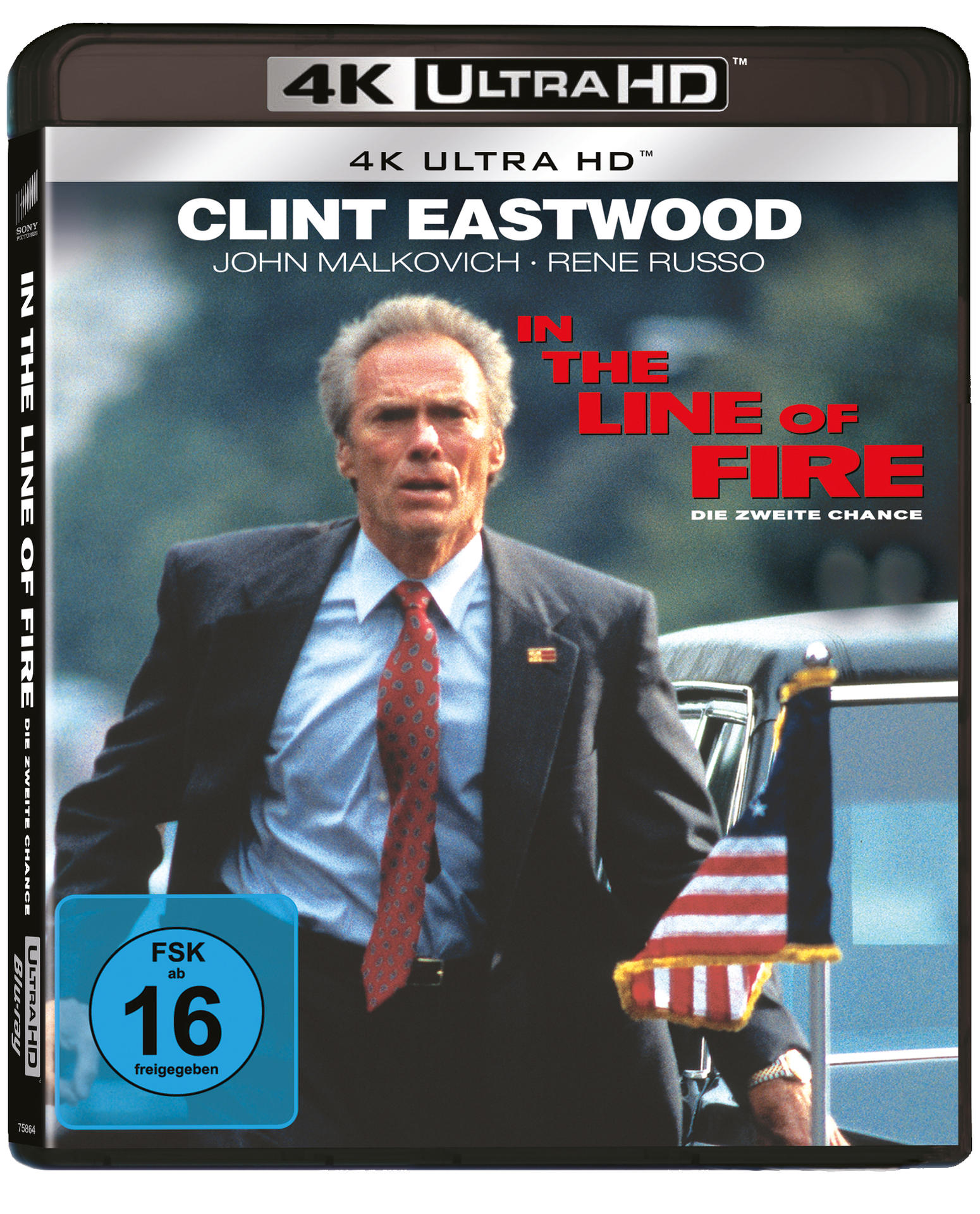 DVD-Cover von "In The Line Of Fire", Clint Eastwood im Anzug, amerikanische Flagge.