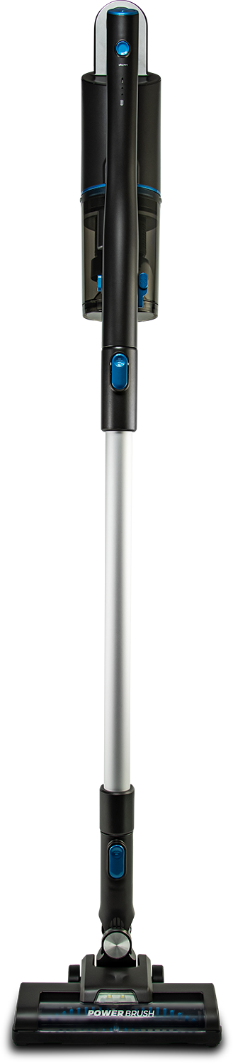 A black and silver vacuum cleaner with blue accents. It has a power brush head and a button on the handle.
