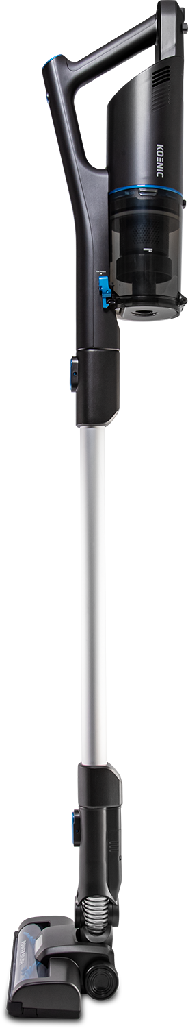 Black and silver cordless vacuum cleaner. It has a handle, a long tube, and a brush head. Blue accents are visible.
