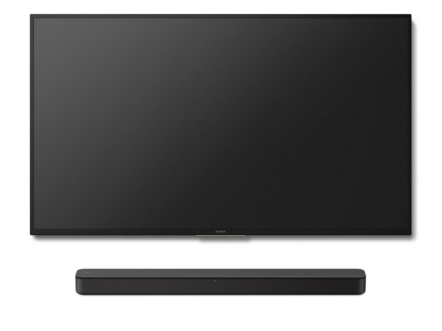 Un televisor y barra de sonido negros sobre un fondo blanco.