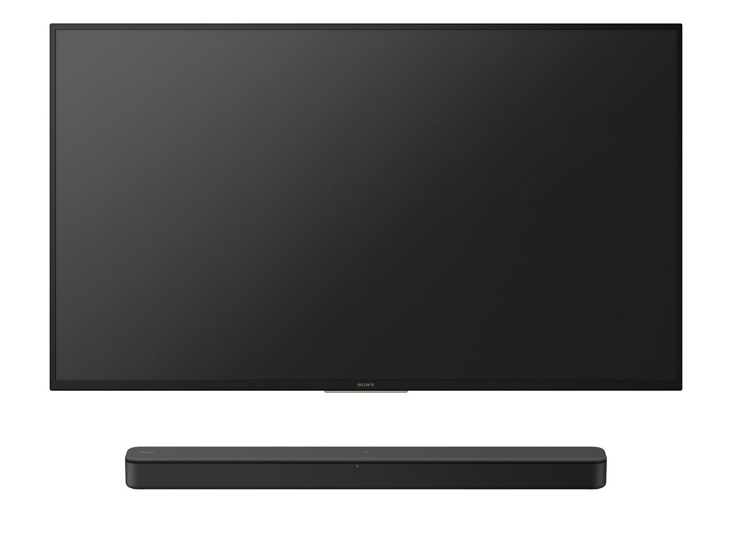 Un televisor negro grande y una barra de sonido negra, ambos sobre un fondo blanco.