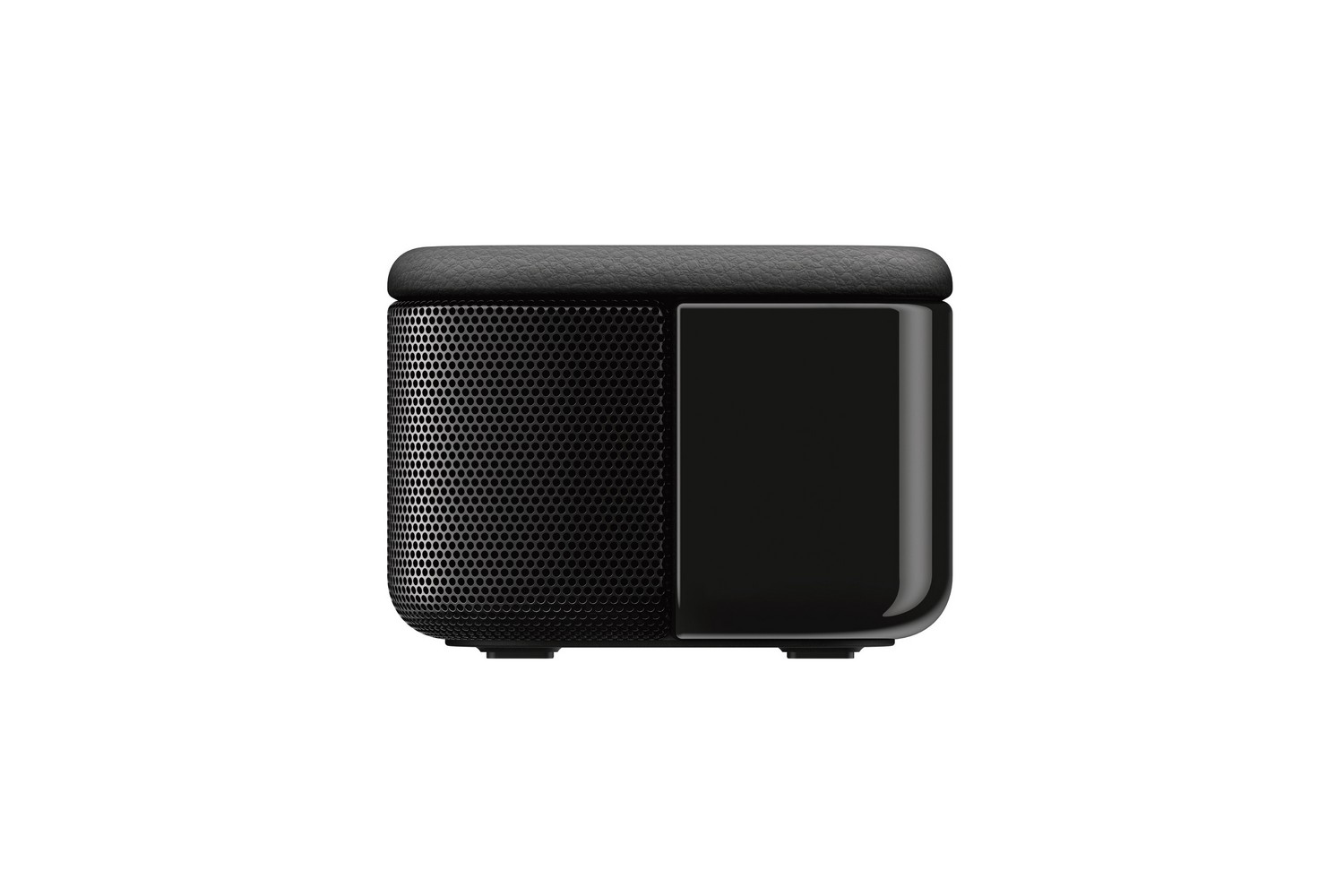 Altavoz negro con frontal de malla y un lado negro brillante.