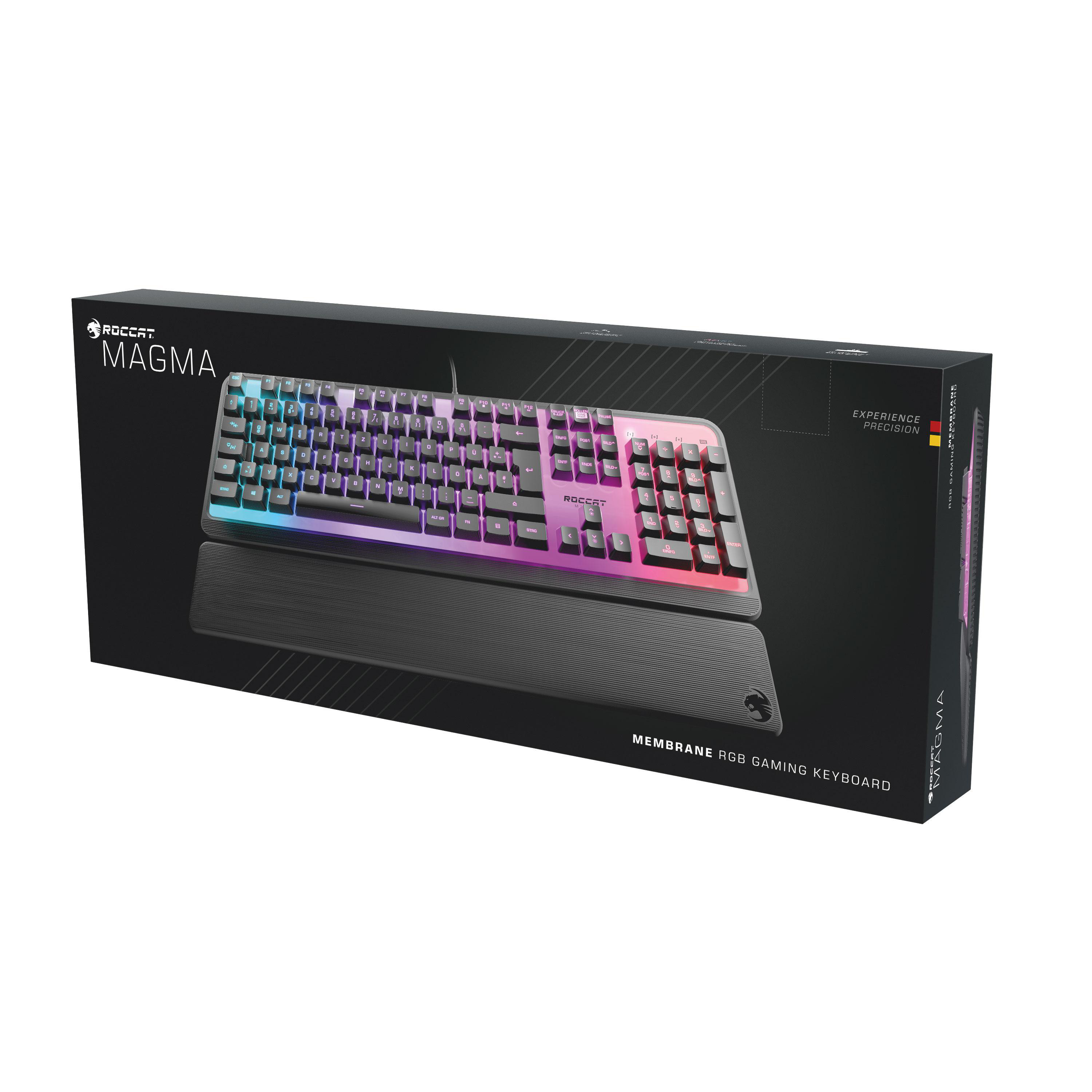 Tastatur in einer Box. Schwarze Tastatur mit RGB-Beleuchtung auf schwarzem Paket.