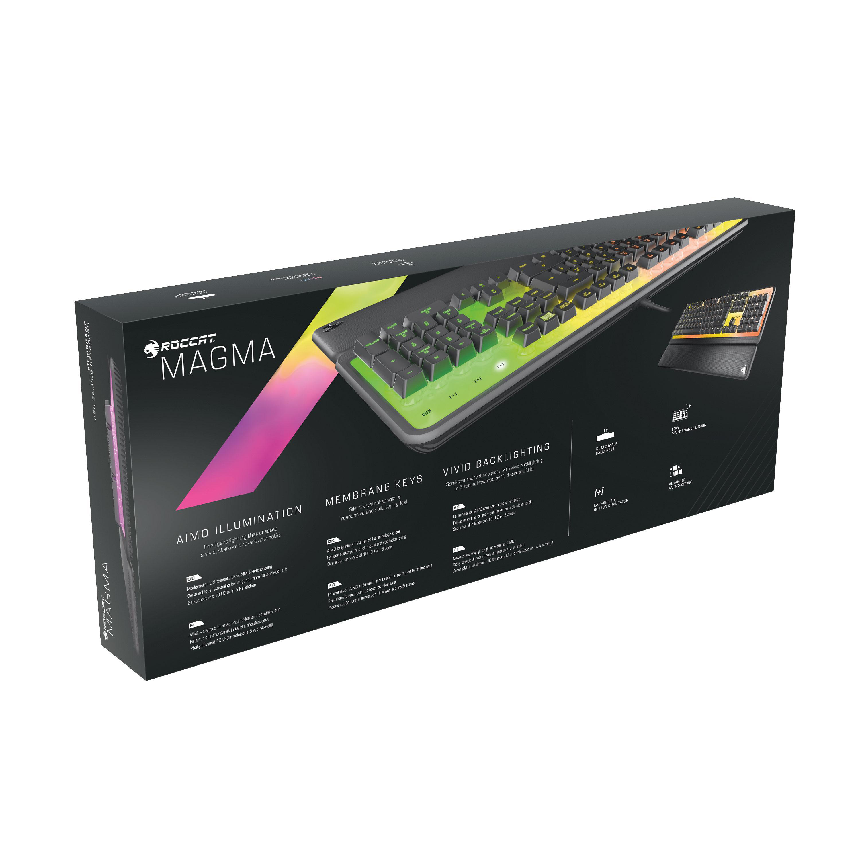 Tastaturbox mit Tastatur, mehrfarbige Beleuchtung. Enthält Markennamen und Produktinformationen.