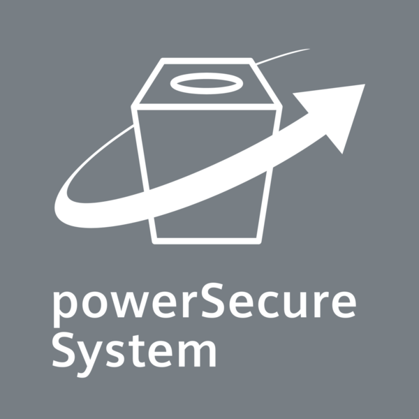 PowerSecure System Logo, weiße Grafik eines Containers und Pfeils auf grauem Hintergrund.