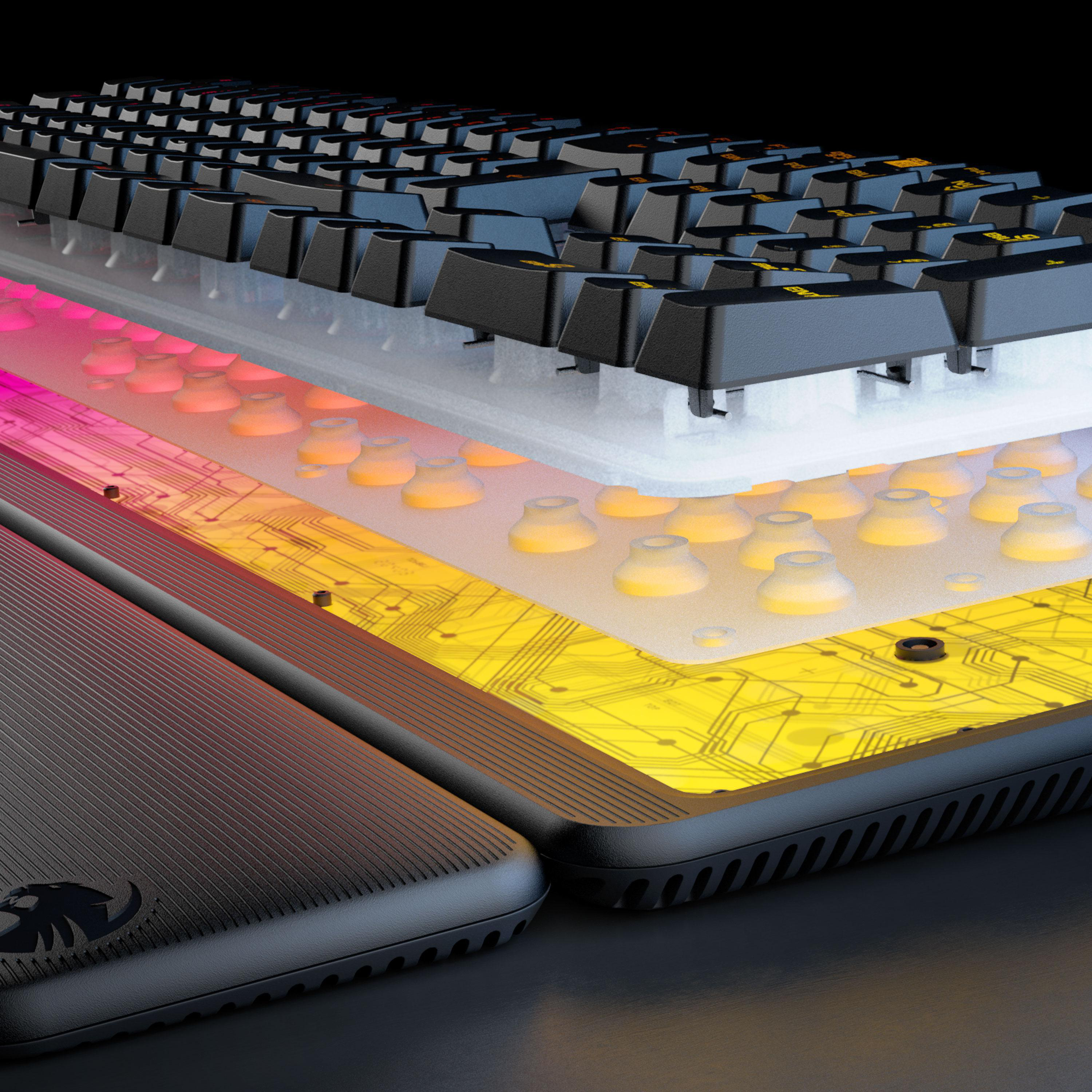 Schnittansicht einer Gaming-Tastatur, die die internen Komponenten und das RGB-Beleuchtungssystem zeigt. Tastenkappen sind sichtbar.