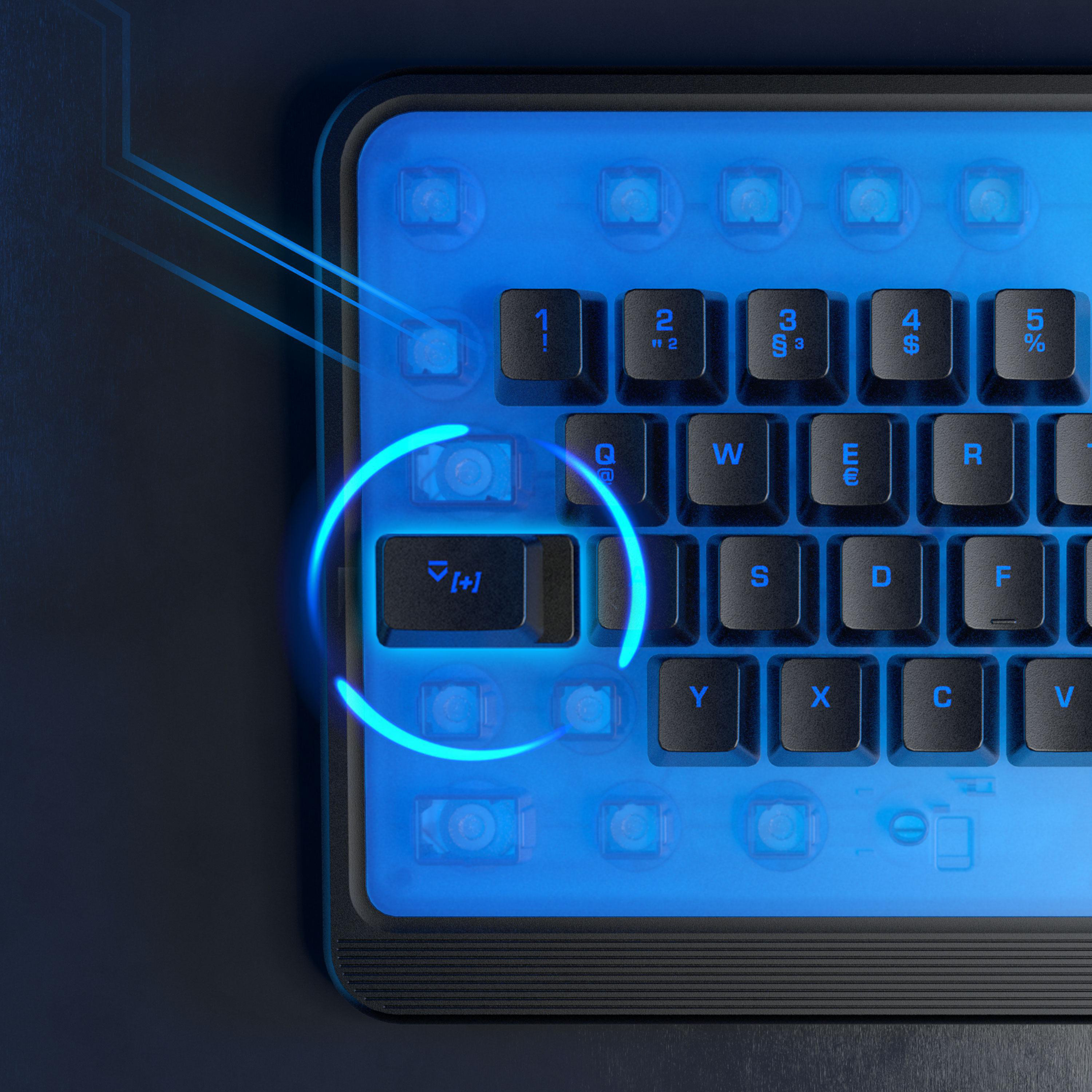 Nahaufnahme einer Tastatur mit beleuchteten Tasten. Blaues Leuchten um die Eingabetaste.