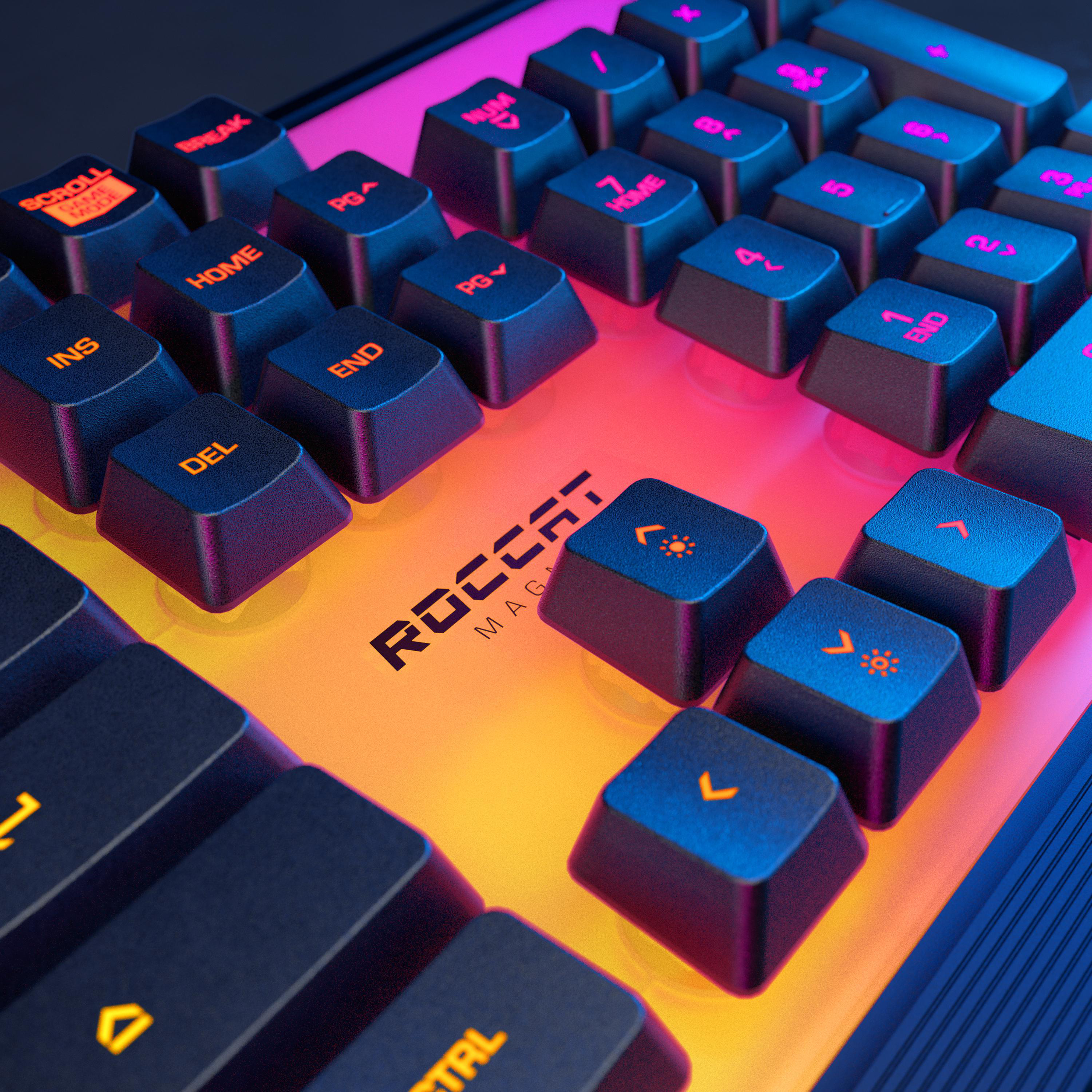 Nahaufnahme einer Gaming-Tastatur mit schwarzen Tasten und RGB-Beleuchtung. Die Tasten sind auf einem Farbverlauf angeordnet.
