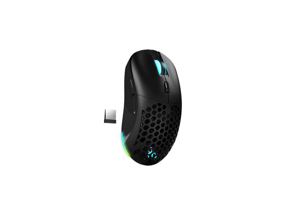 Ratón gaming negro con diseño de panal y luces RGB.