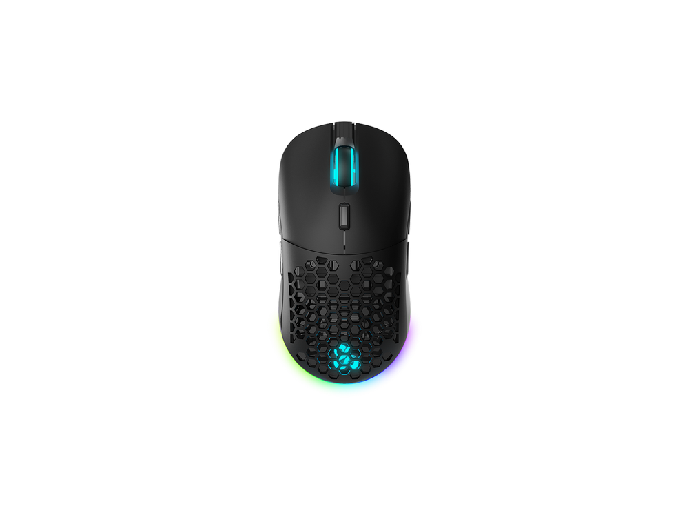 Ratón gaming negro con diseño de panal, iluminación RGB en la base, fondo negro.