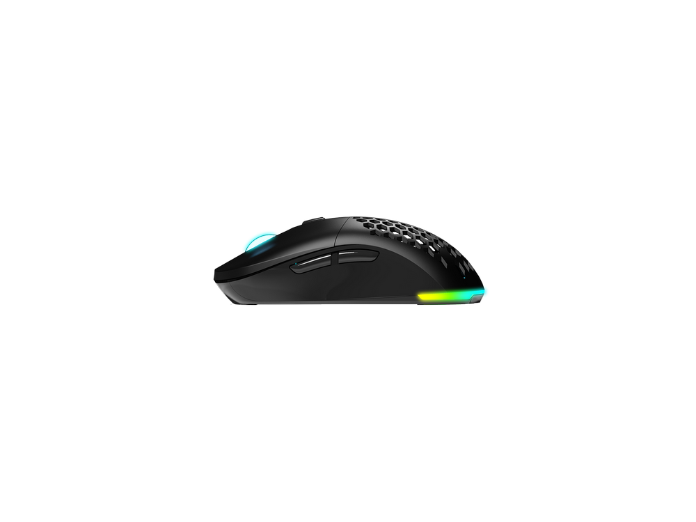 Ratón gaming negro con iluminación RGB. Muestra un patrón de panal en la parte superior.