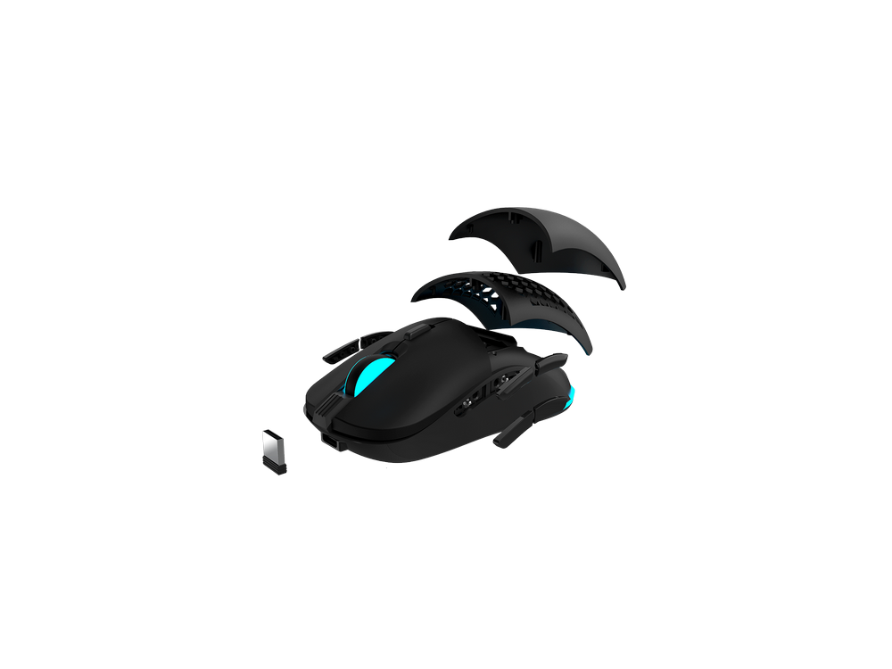 Ratón gaming negro explotado. Las partes superior y lateral están separadas, mostrando componentes internos.