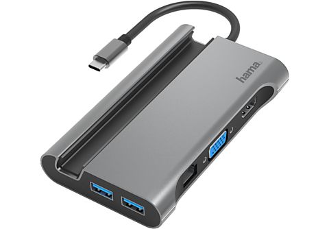 Hub USB/Concentrador - Hama 00200102, Compatible con USB-A/USB-C/VGA/HDMI/LAN/Ethernet, 5 Gbps, Soporte, Gris