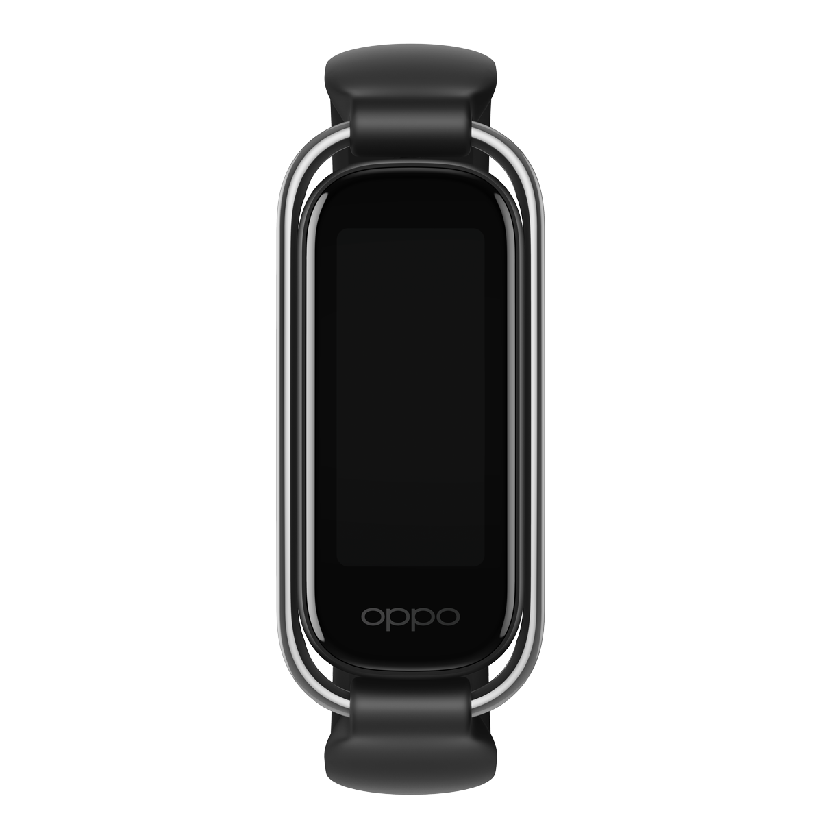 Siyah Oppo fitness takip cihazı, siyah ekran, gümüş çerçeve, siyah kayış, siyah zemin.