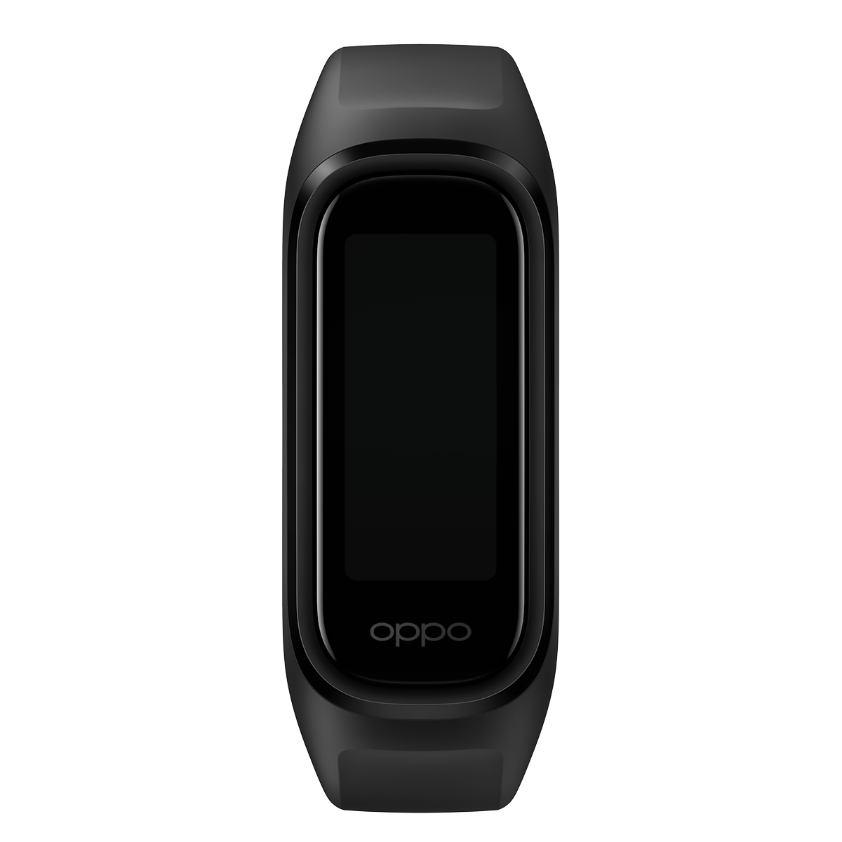 Siyah bir arka planda dikdörtgen ekranlı siyah bir Oppo fitness takip cihazı.