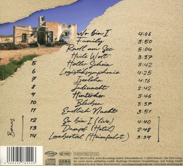 Rückseite einer CD-Hülle mit Trackliste auf Deutsch, Wüstenlandschaft und Hausillustration.