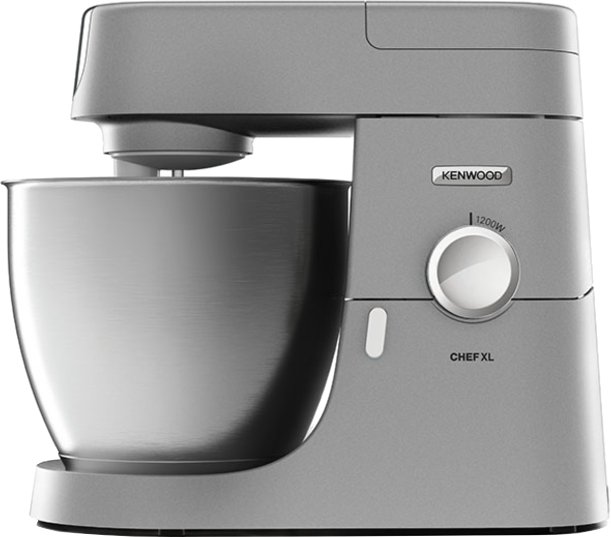 Een grijze Kenwood Chef XL keukenmachine met een grote roestvrijstalen kom.