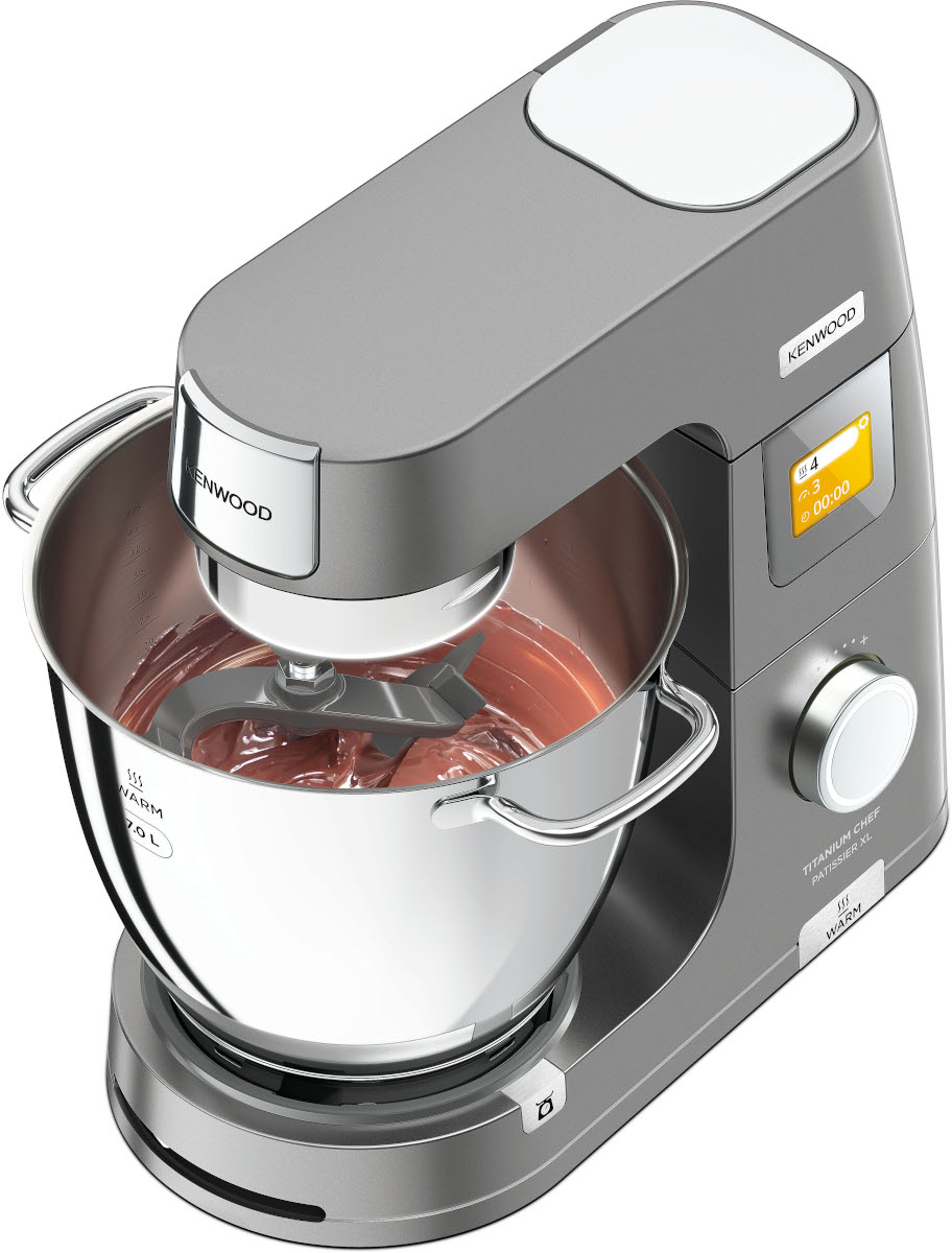 Silver and gray Kenwood food processor with a mixing bowl and a digital display.