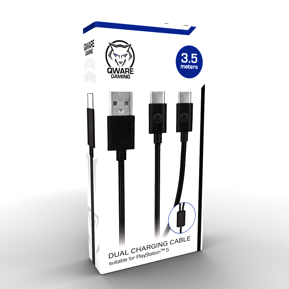 Charging cable in a box, brand Qware Gaming. Multiple connectors visible.