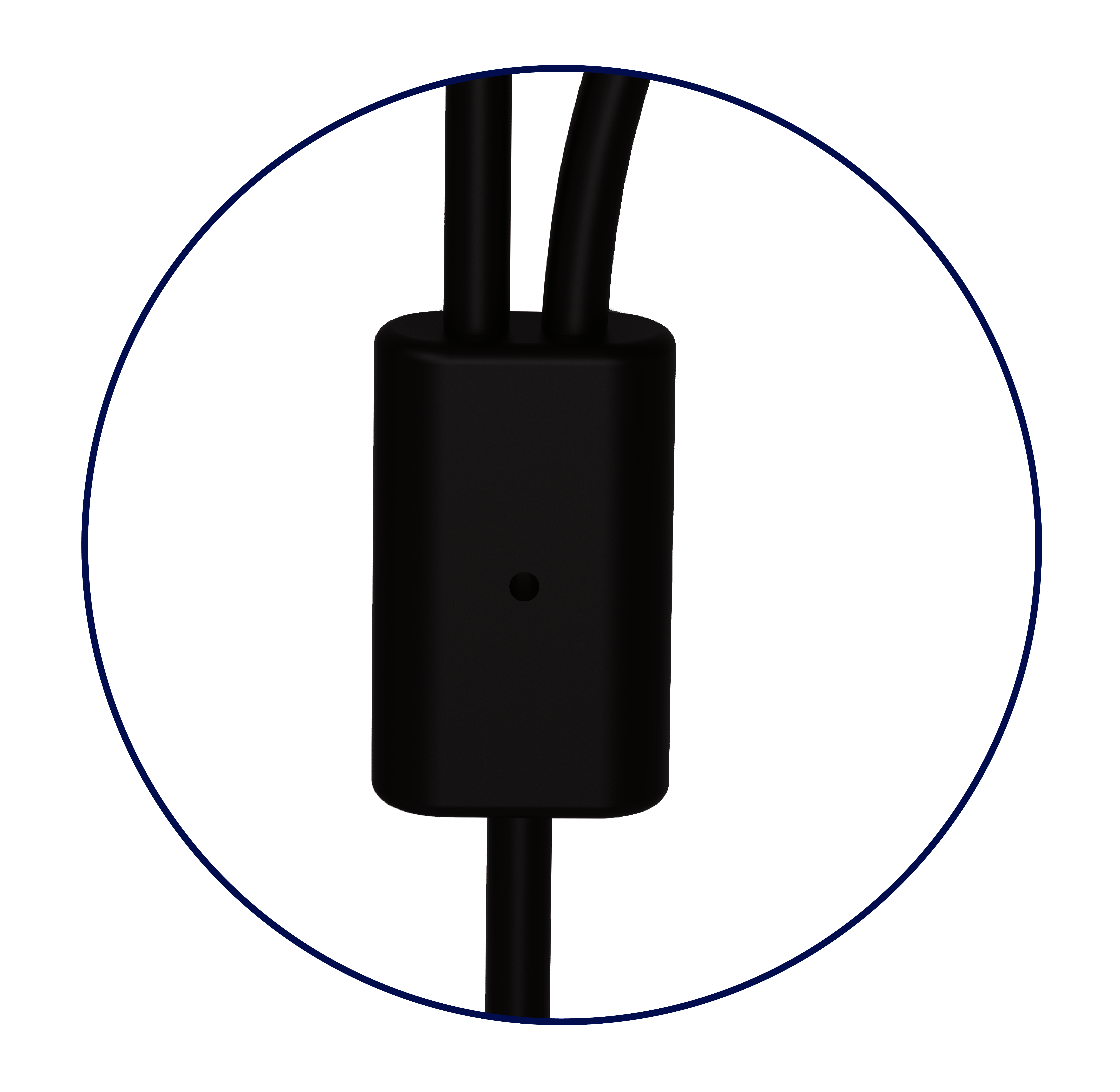Close up of a black cable connector in a blue circle.