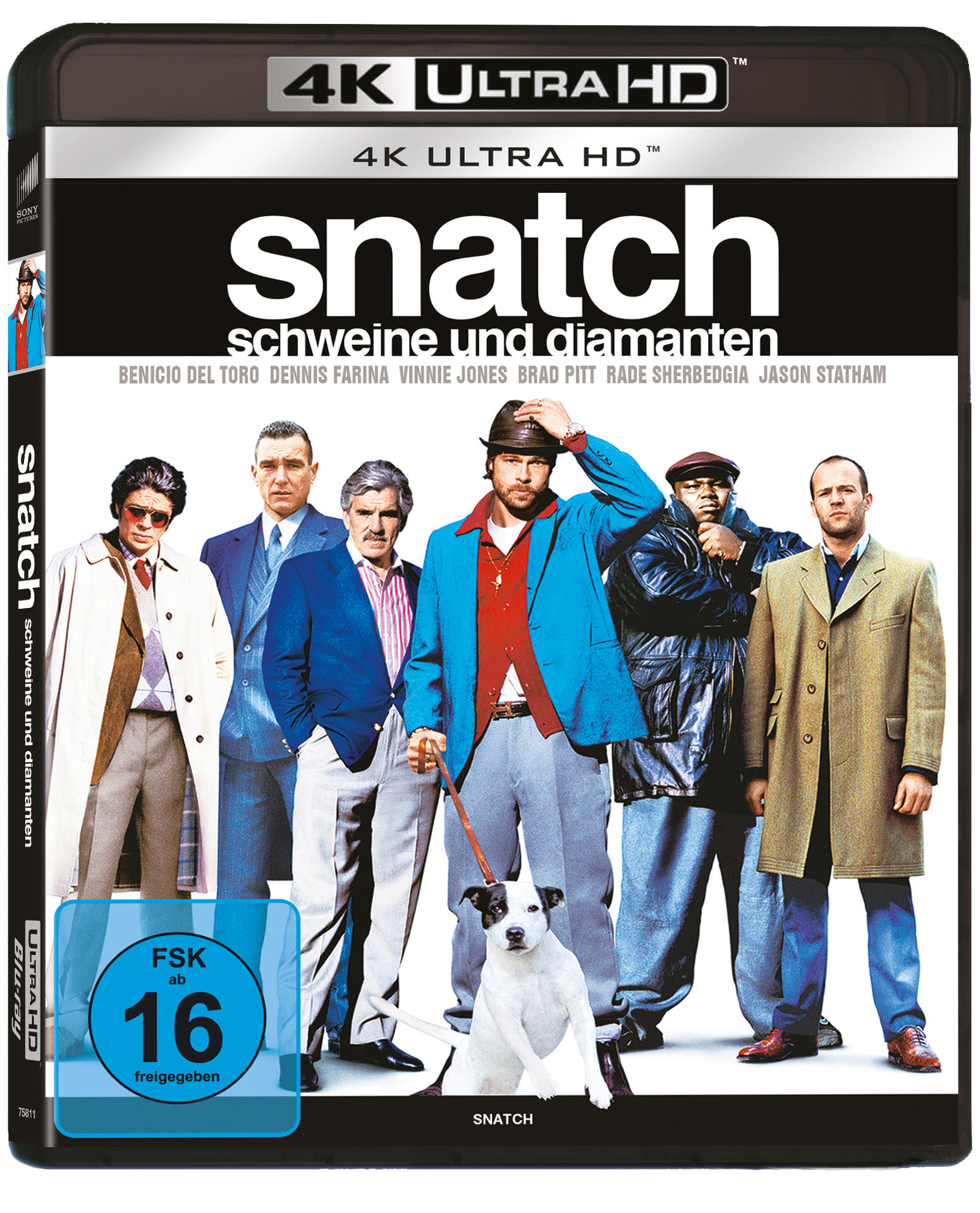 Snatch-Filmcover mit Besetzung und Titel, FSK 16, schwarzer Hintergrund.
