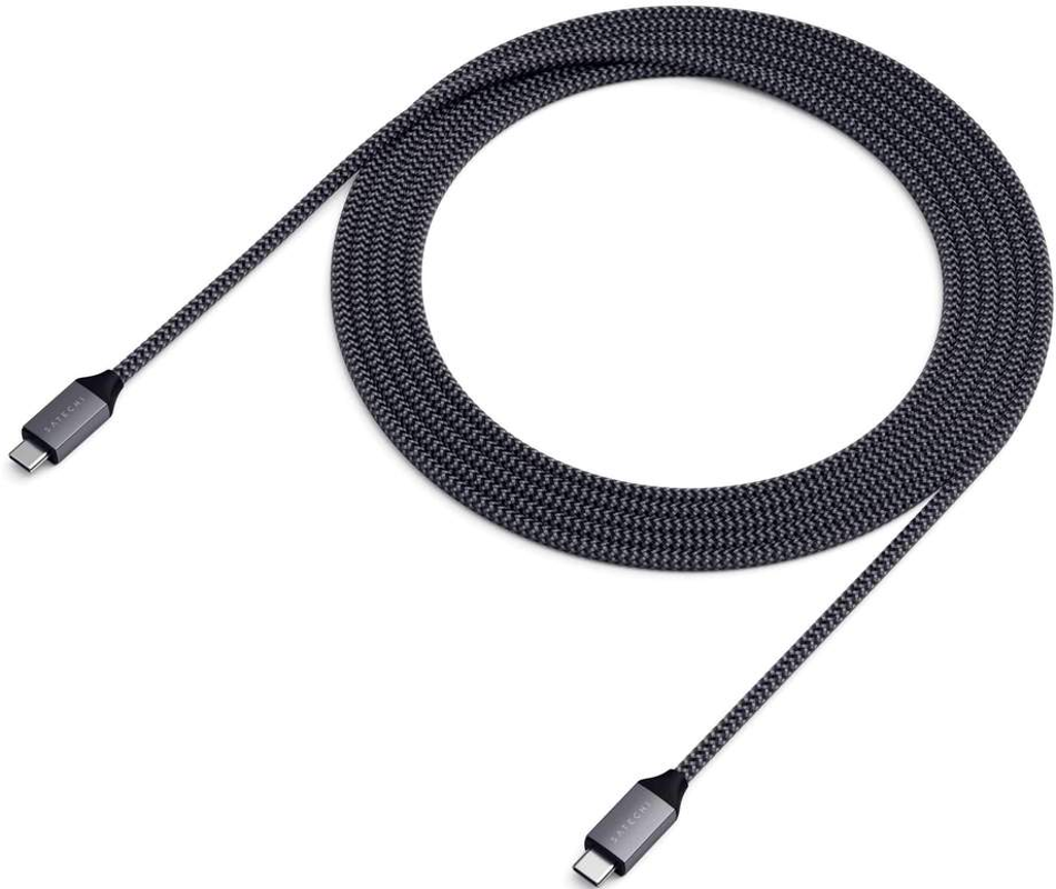 Ein schwarz-graues USB-C-Kabel auf weißem Hintergrund.