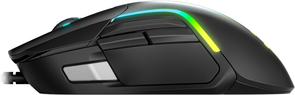 Schwarze Gaming-Maus mit RGB-Beleuchtung.