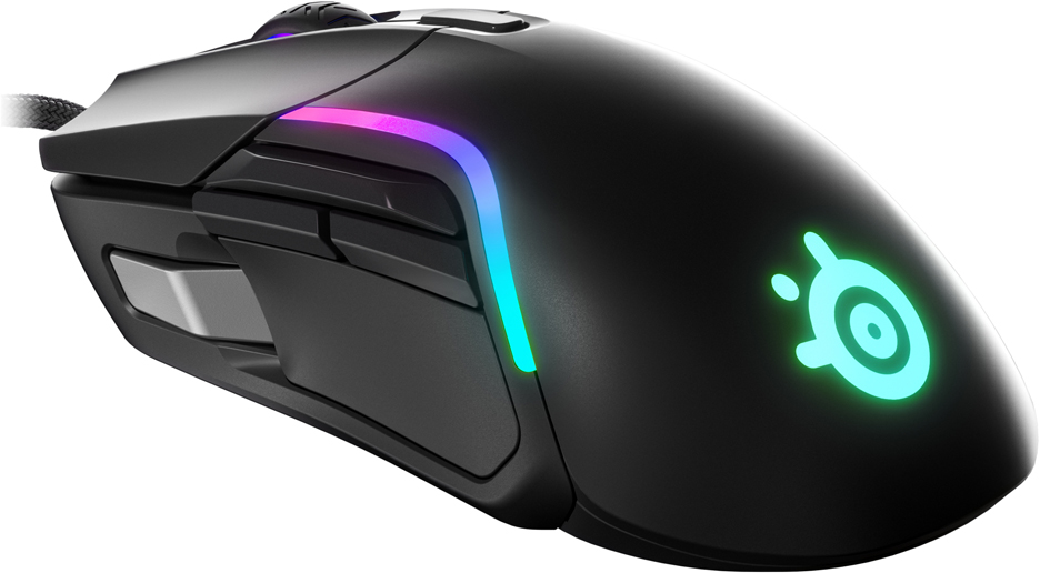 Schwarze Gaming-Maus mit RGB-Beleuchtung. Das RGB-Licht befindet sich an der Seite und am Logo.